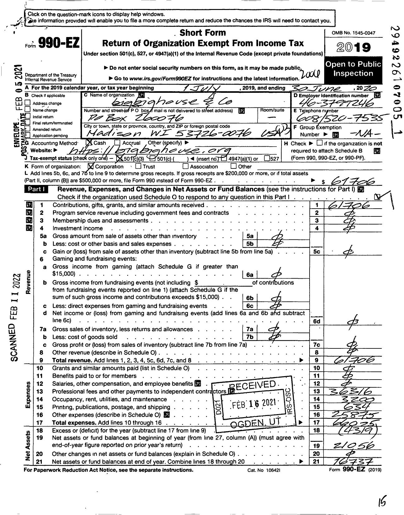 Image of first page of 2019 Form 990EZ for Bigbighouse