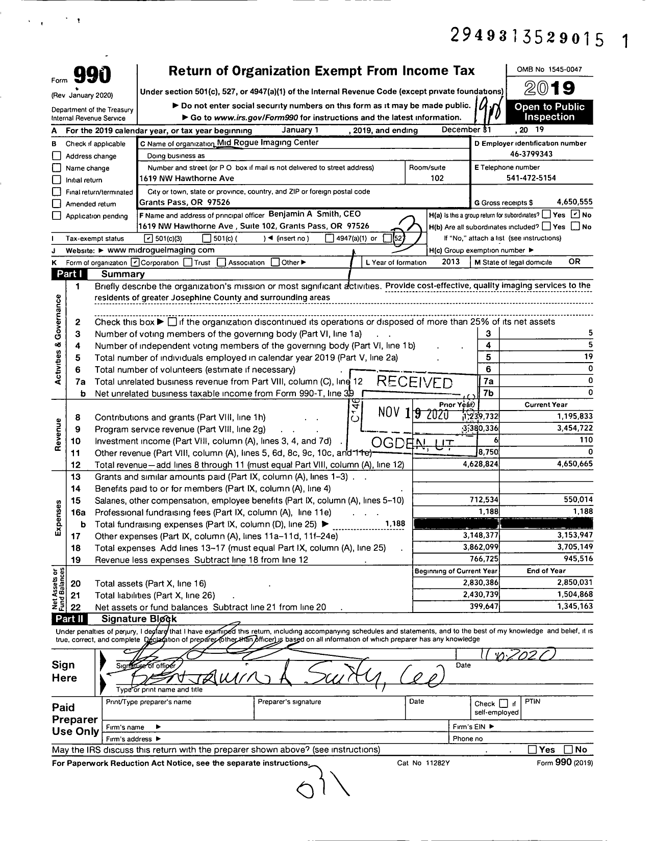 Image of first page of 2019 Form 990 for Mid Rogue Imaging Center