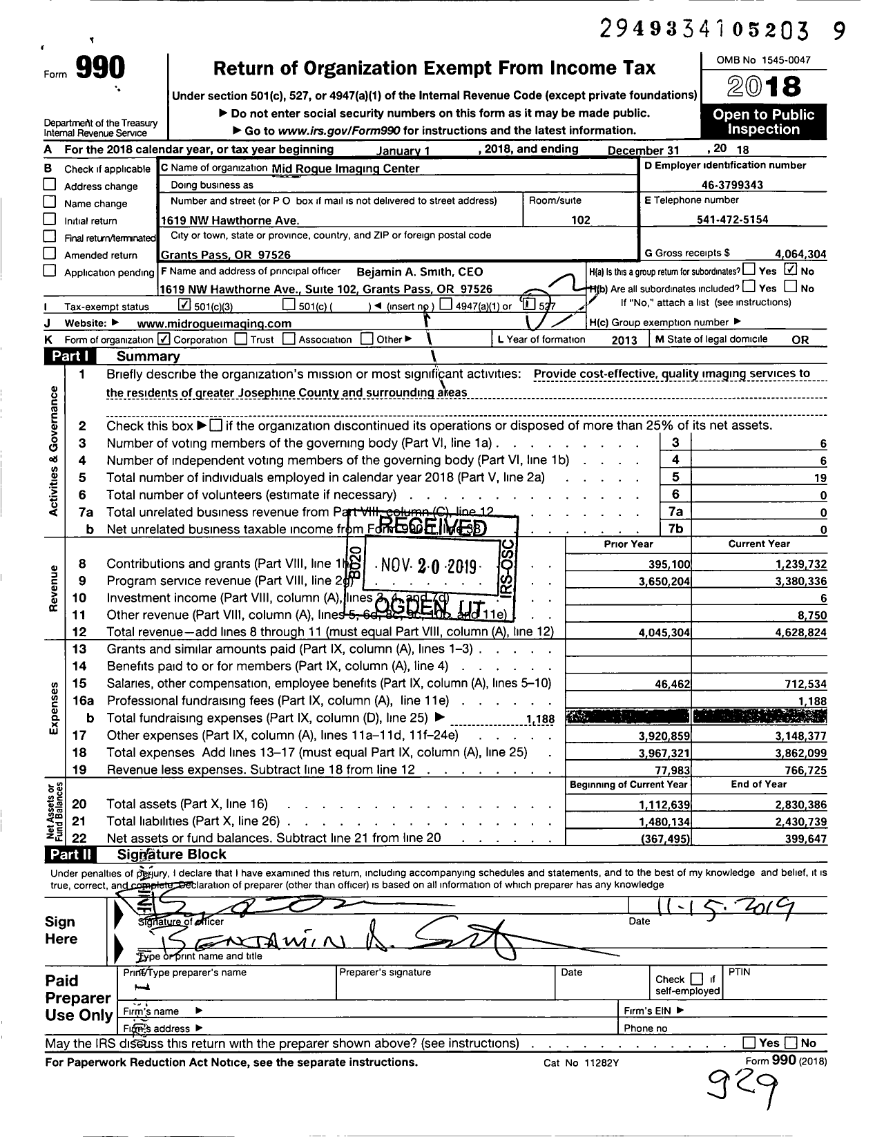 Image of first page of 2018 Form 990 for Mid Rogue Imaging Center