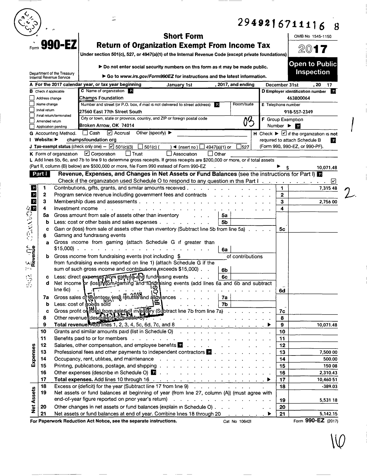 Image of first page of 2017 Form 990EZ for Champs Foundation