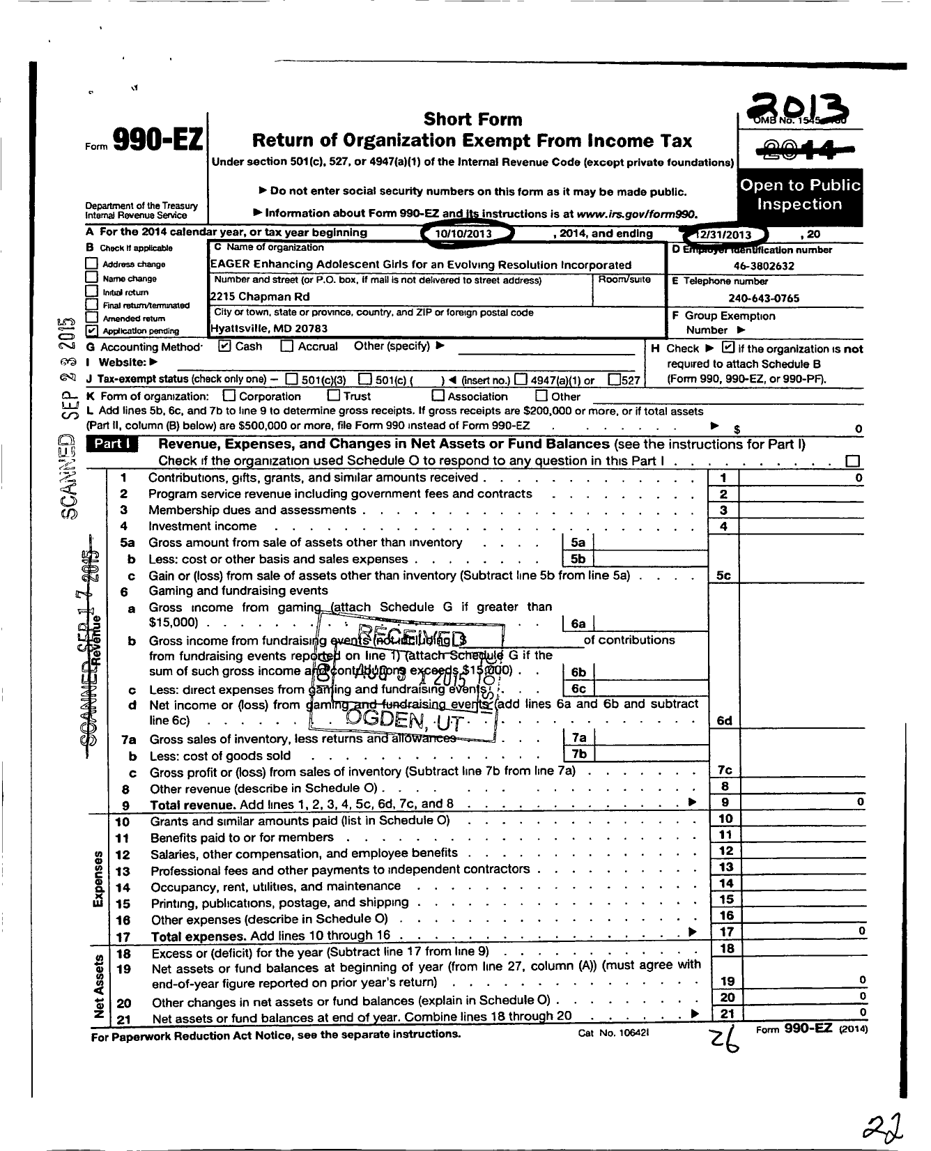 Image of first page of 2013 Form 990EO for Eager Enhancing Adolescent Girls for An Evolving Resolution