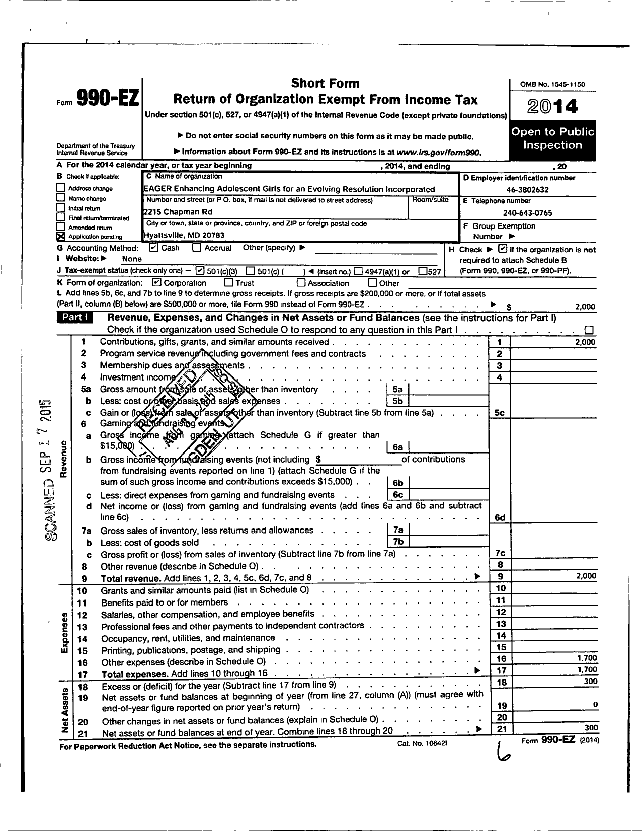 Image of first page of 2014 Form 990EZ for Eager Enhancing Adolescent Girls for An Evolving Resolution