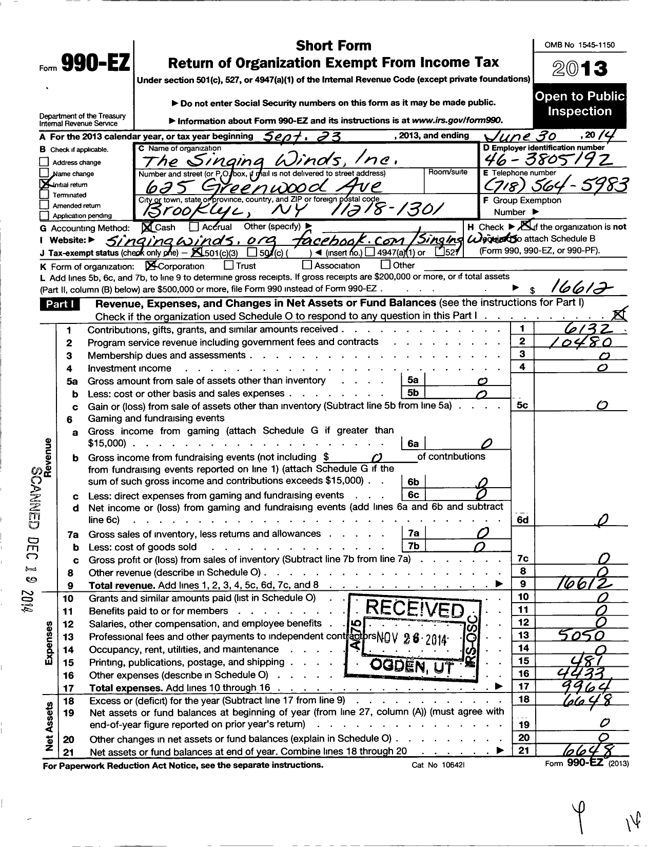 Image of first page of 2013 Form 990EZ for Singing Winds