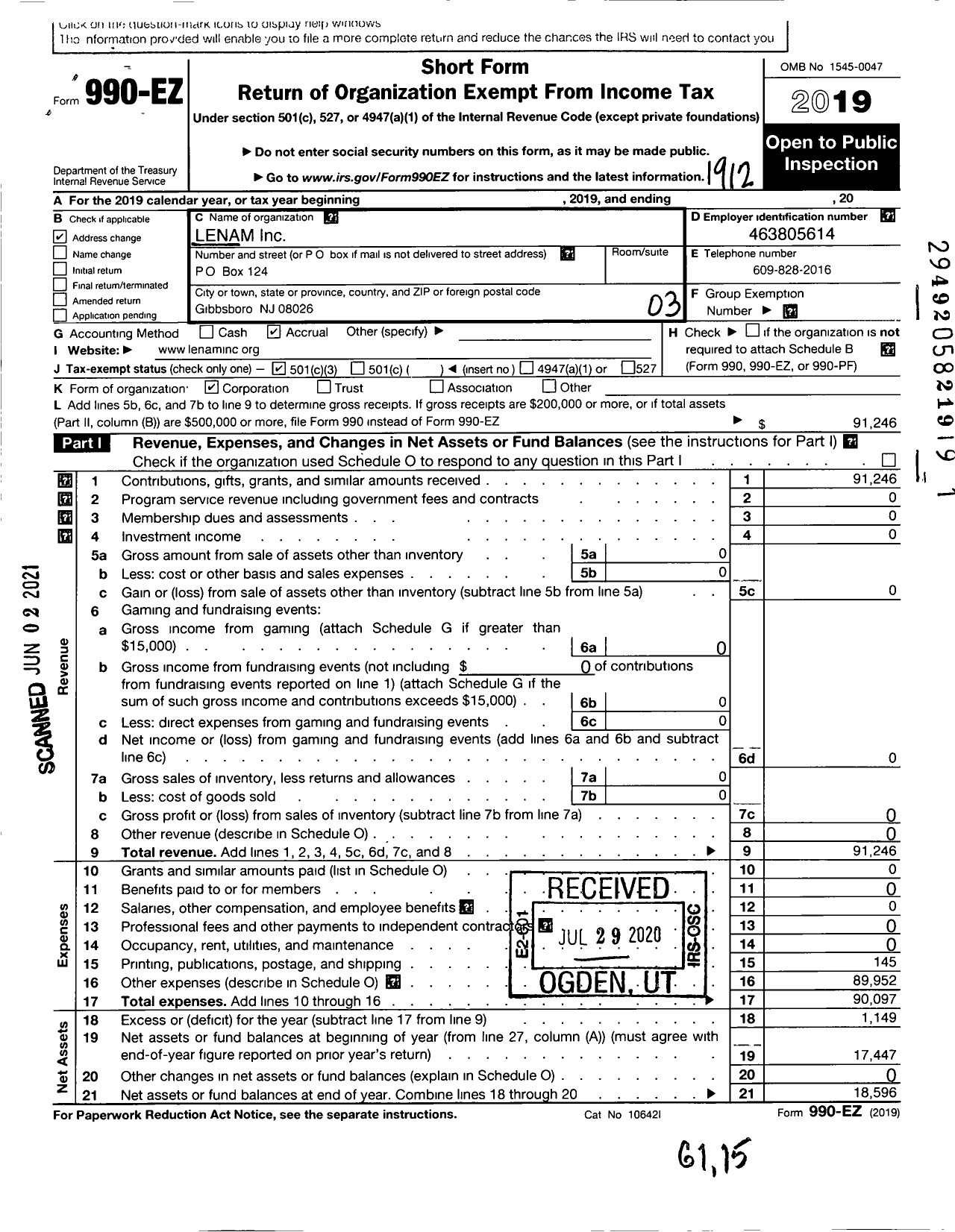 Image of first page of 2019 Form 990EZ for Lenam