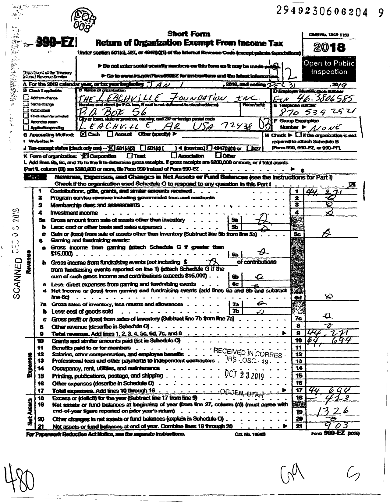 Image of first page of 2019 Form 990EZ for Leachville Foundation