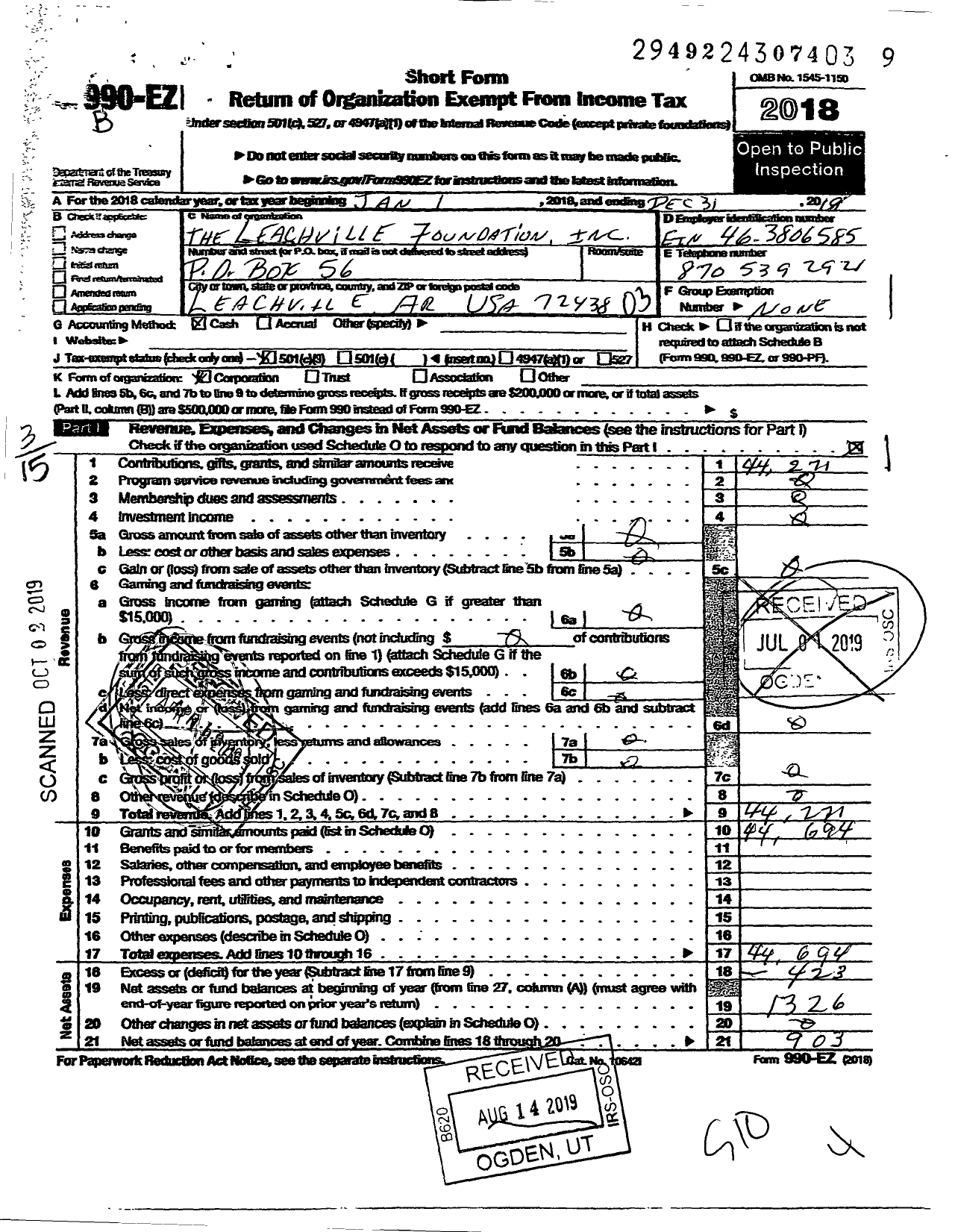 Image of first page of 2018 Form 990EZ for Leachville Foundation