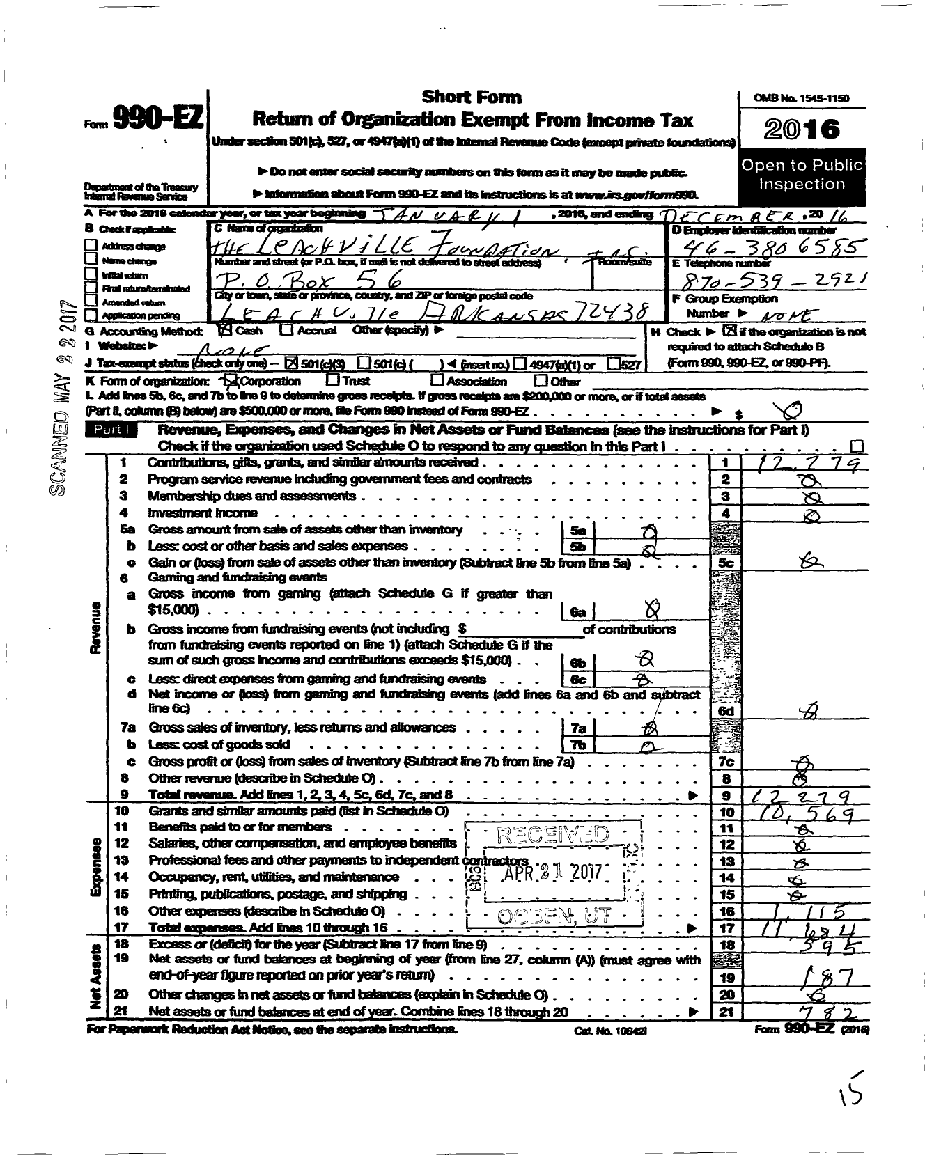 Image of first page of 2016 Form 990EZ for Leachville Foundation