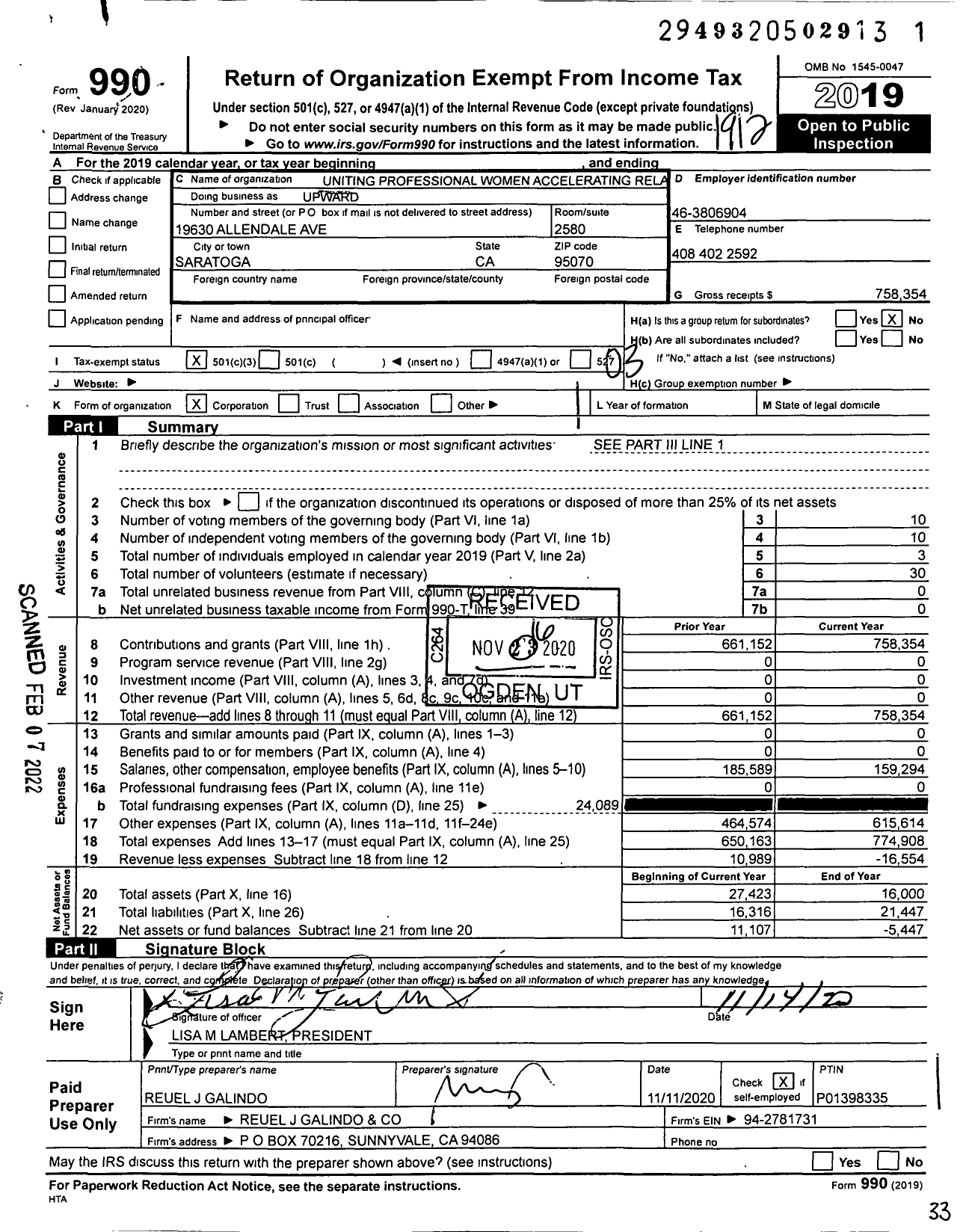 Image of first page of 2019 Form 990 for Uniting Professional Women Accelerating Relationships and Development (UPWARD)