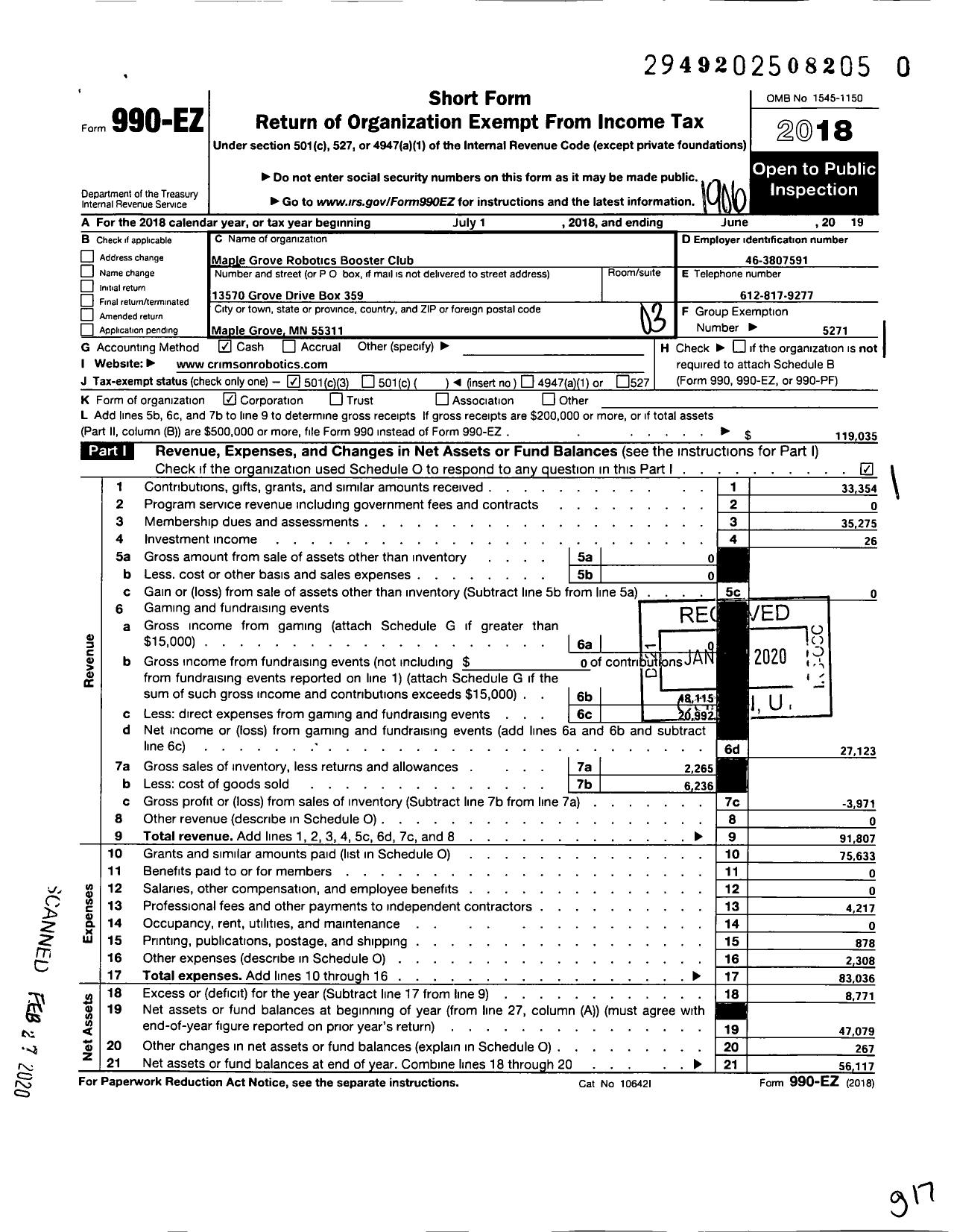 Image of first page of 2018 Form 990EZ for Maple Grove Robotics Booster club