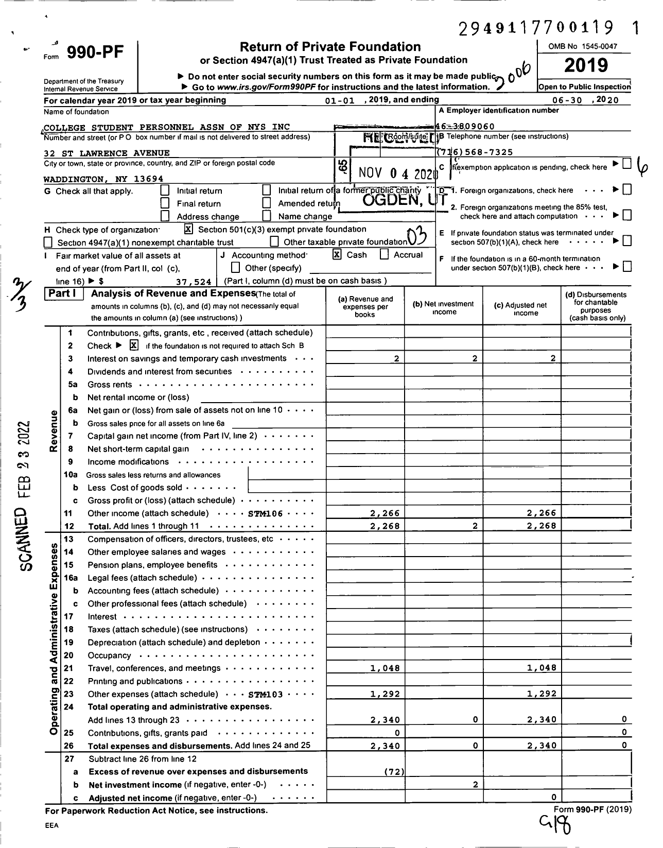 Image of first page of 2019 Form 990PF for College Student Personnel Association of Nys