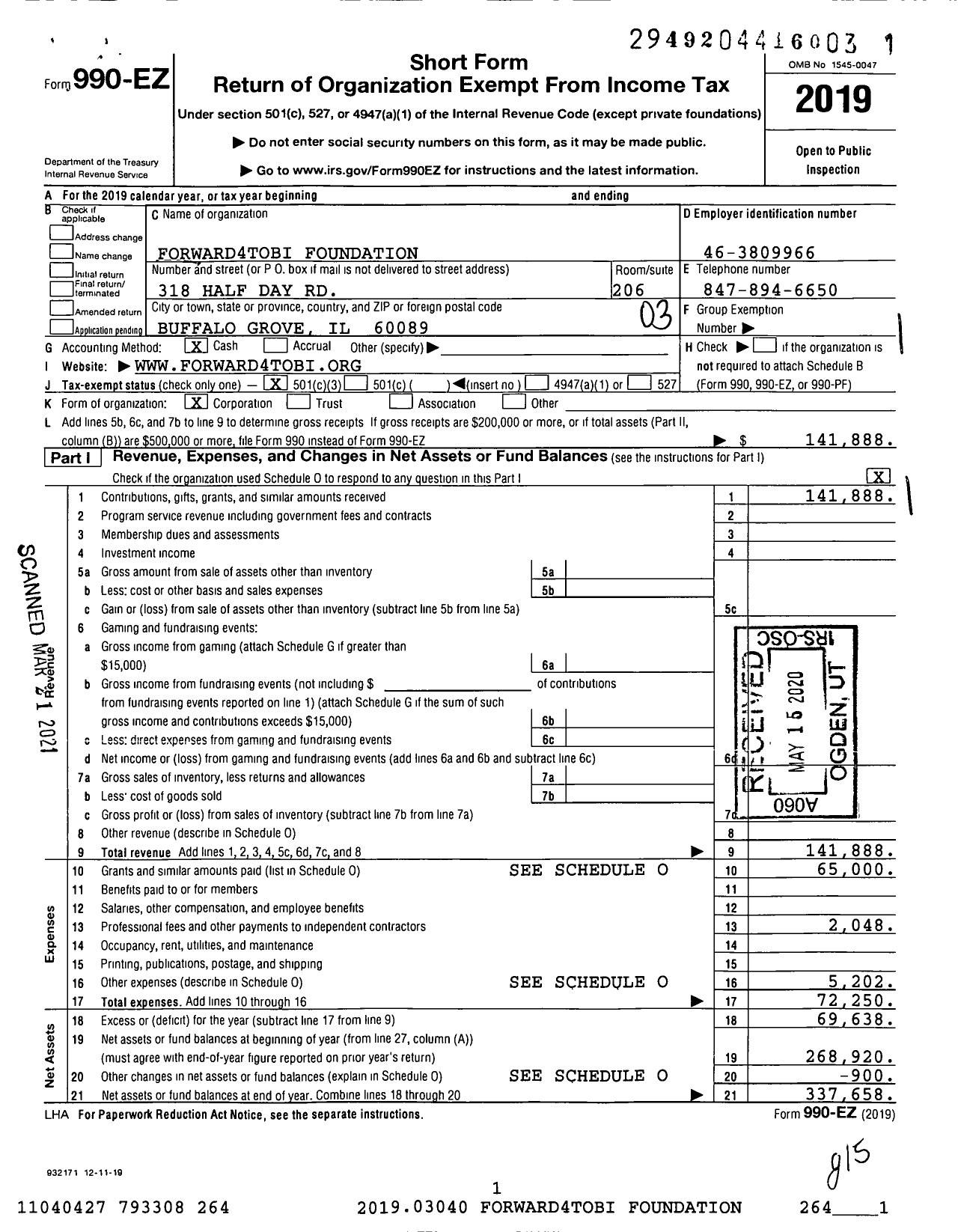 Image of first page of 2019 Form 990EZ for Forward4tobi Foundation