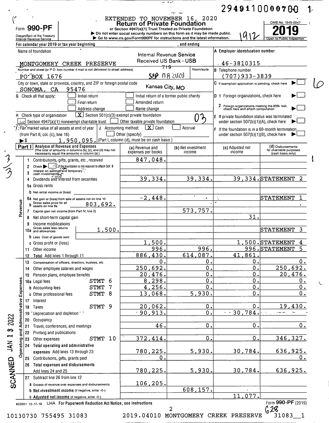 Image of first page of 2019 Form 990PF for Montgomery Creek Preserve