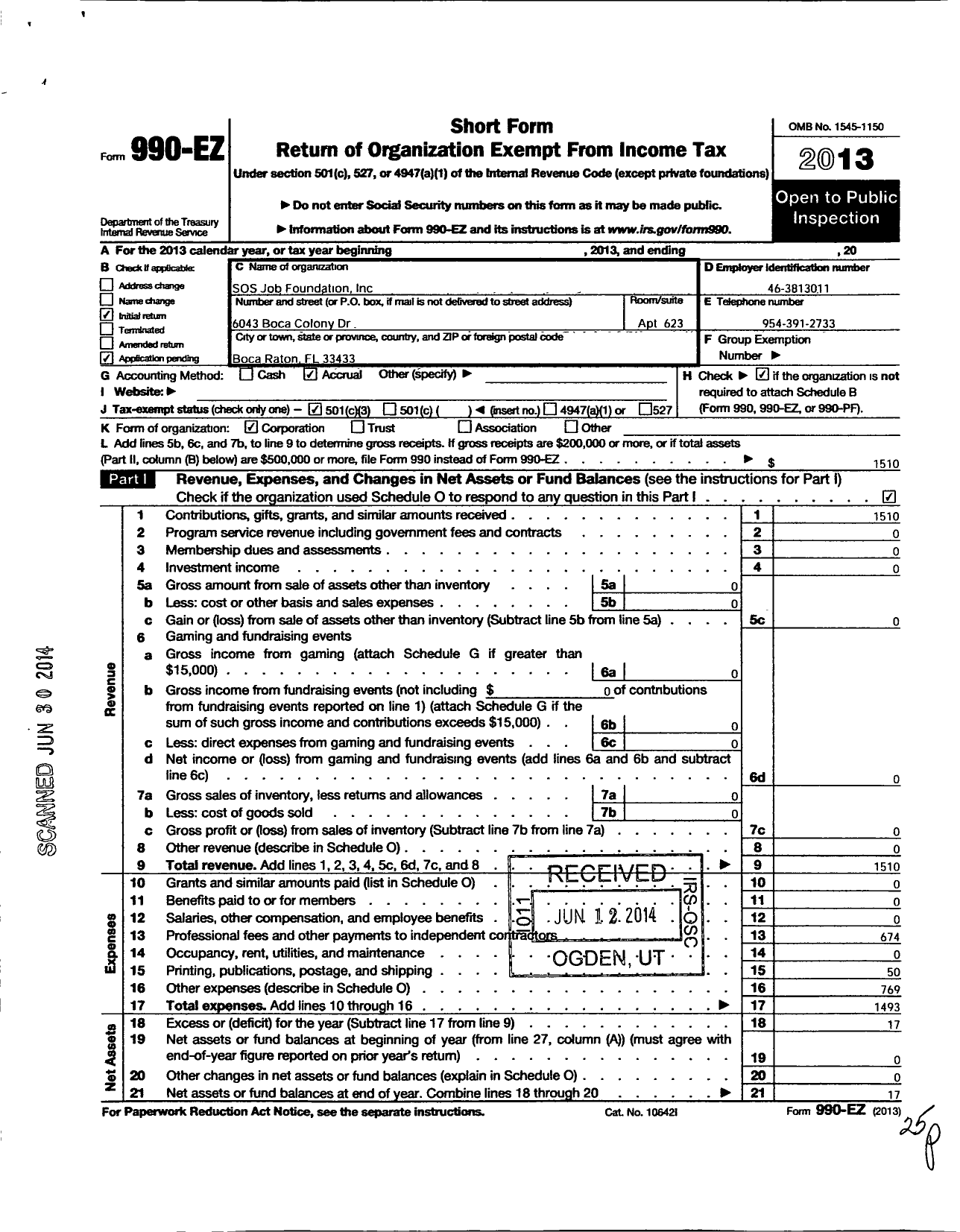 Image of first page of 2013 Form 990EZ for Sos Job Foundation