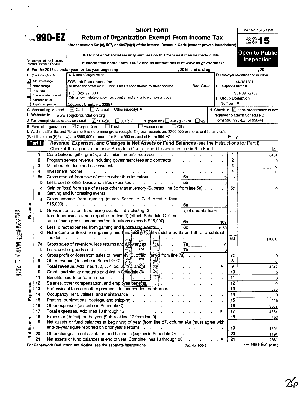 Image of first page of 2015 Form 990EZ for Sos Job Foundation