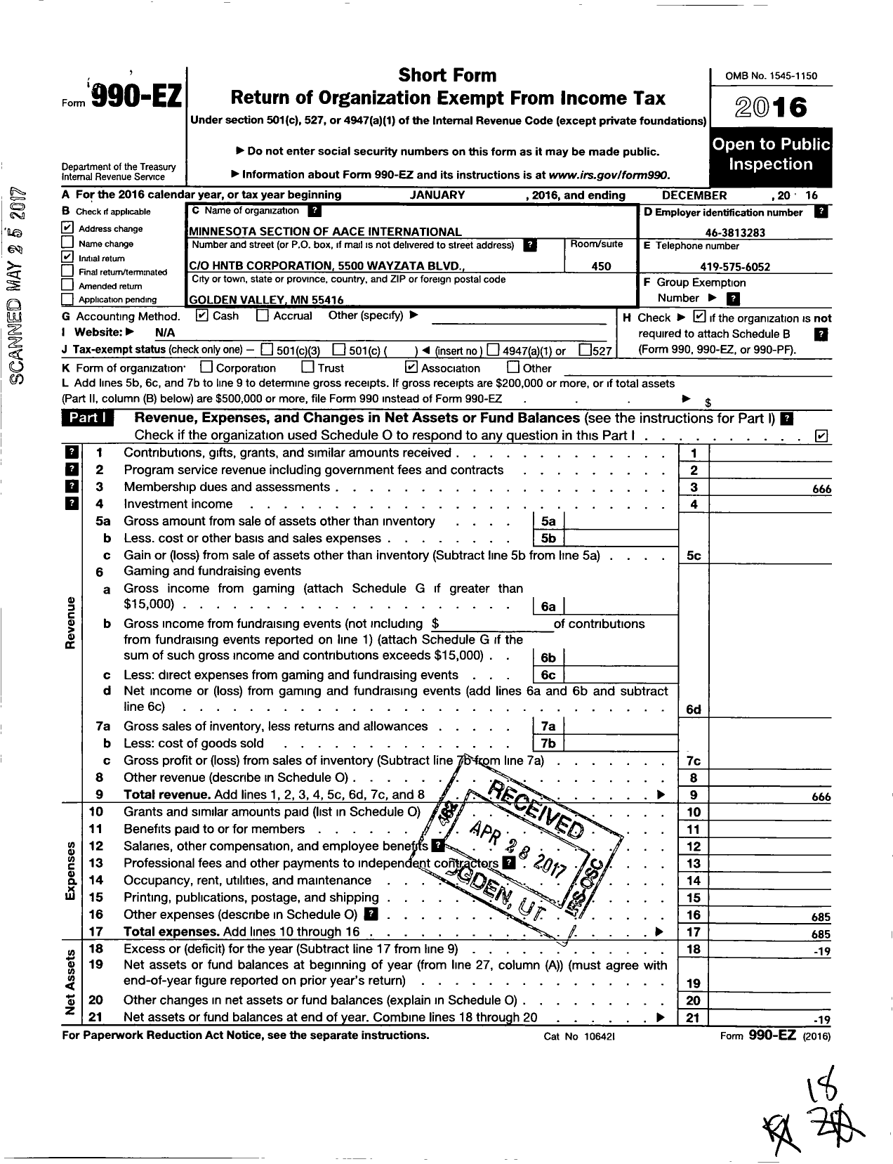 Image of first page of 2016 Form 990EO for Minnesota Section of Aace International