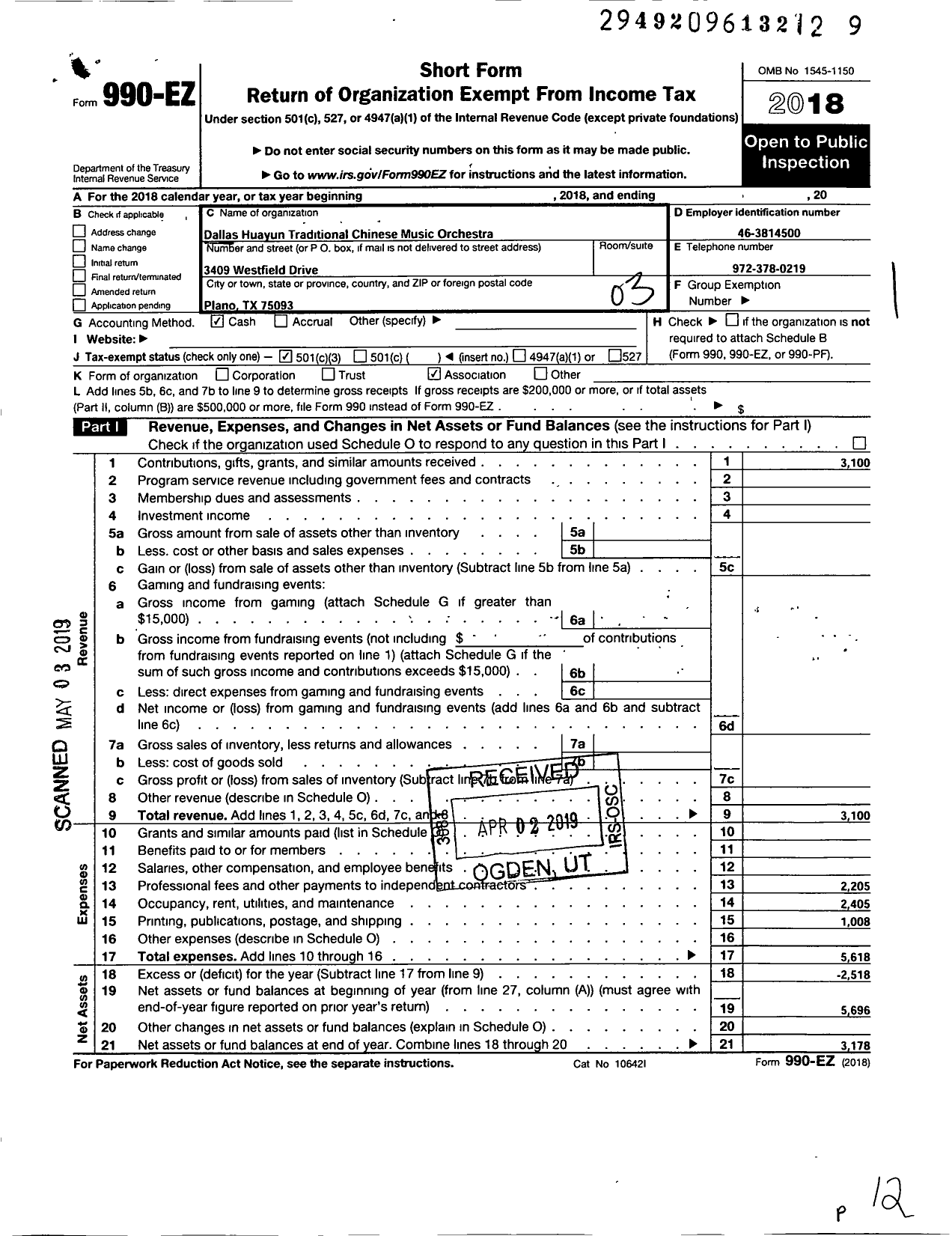 Image of first page of 2018 Form 990EZ for Dallas Huayun Traditional Chinese Music Orchestra