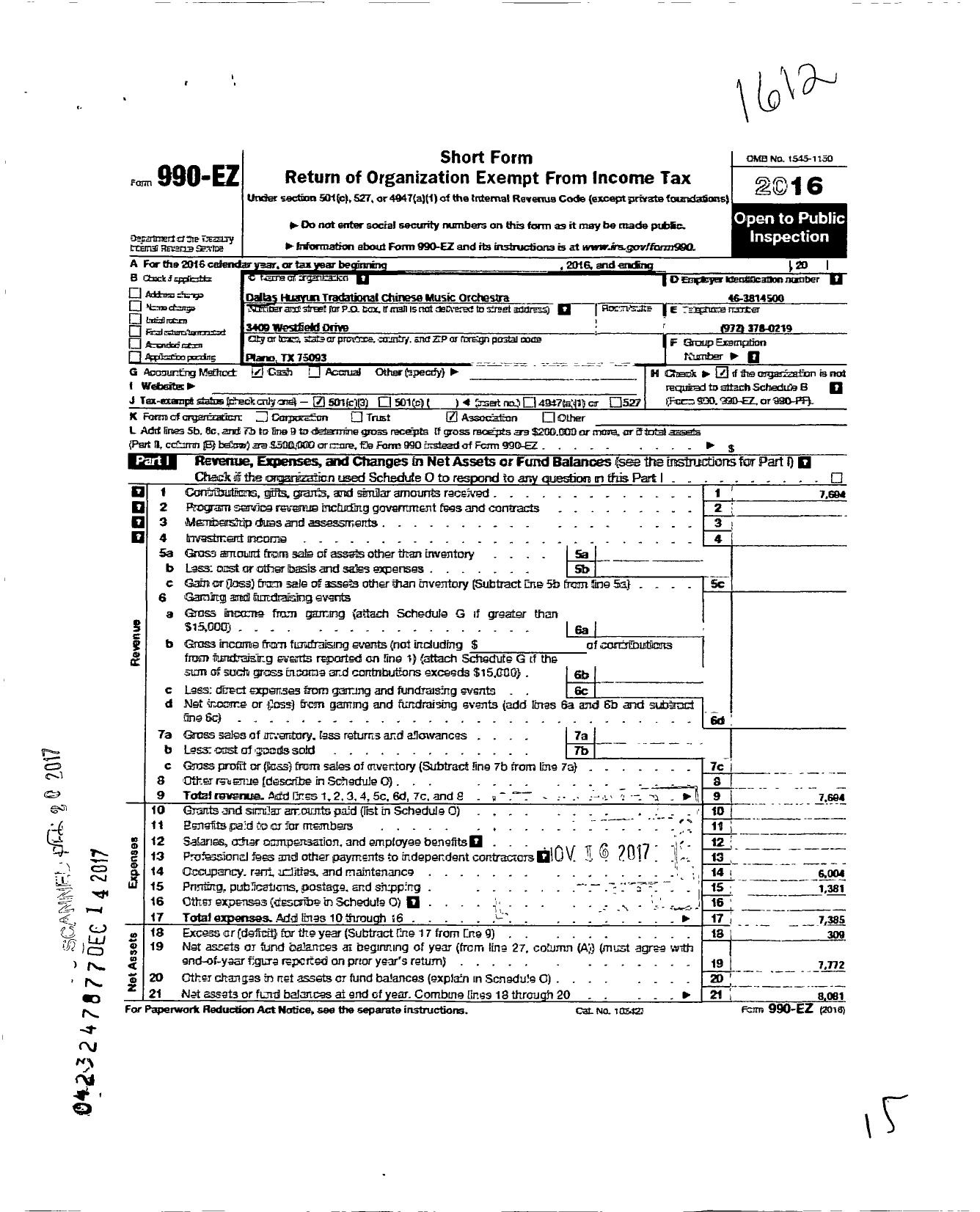 Image of first page of 2016 Form 990EZ for Dallas Huayun Traditional Chinese Music Orchestra