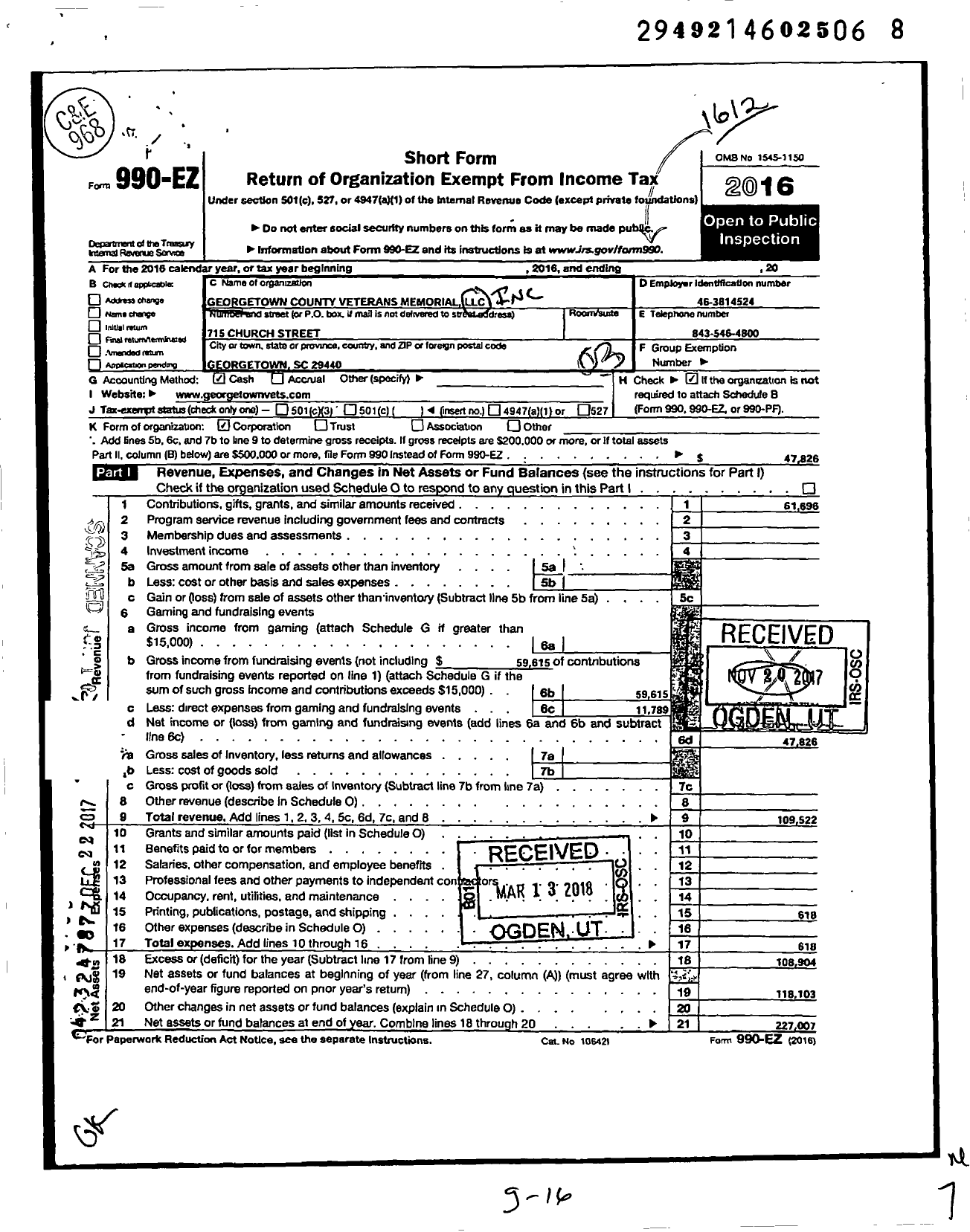 Image of first page of 2016 Form 990EZ for Georgetown County Veterans Memorial