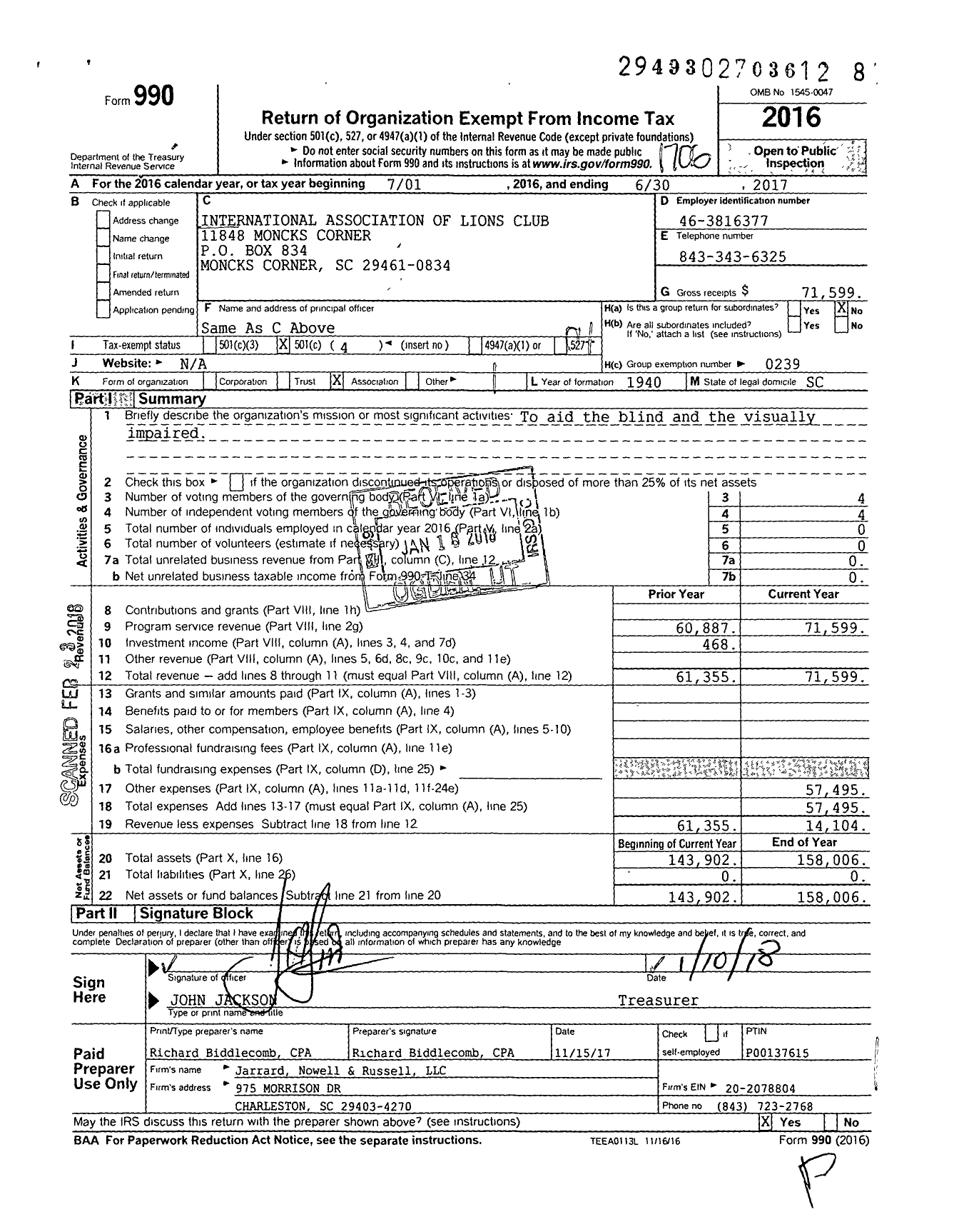Image of first page of 2016 Form 990O for Lions Clubs - 11848 Moncks Corner