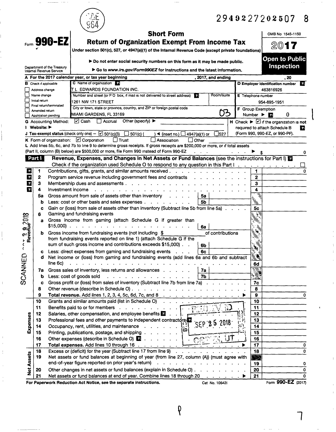 Image of first page of 2017 Form 990EZ for TL Edwards Foundation