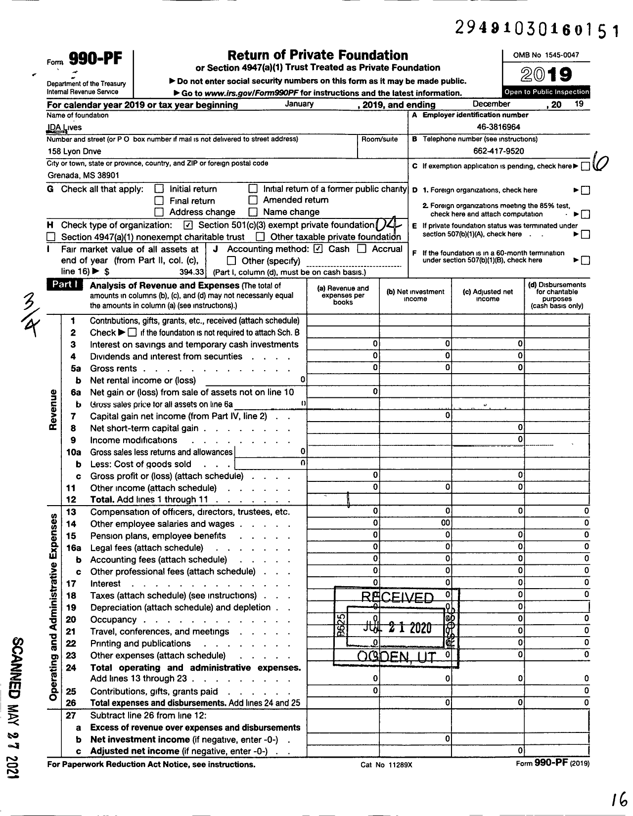 Image of first page of 2019 Form 990PF for Ida Lives