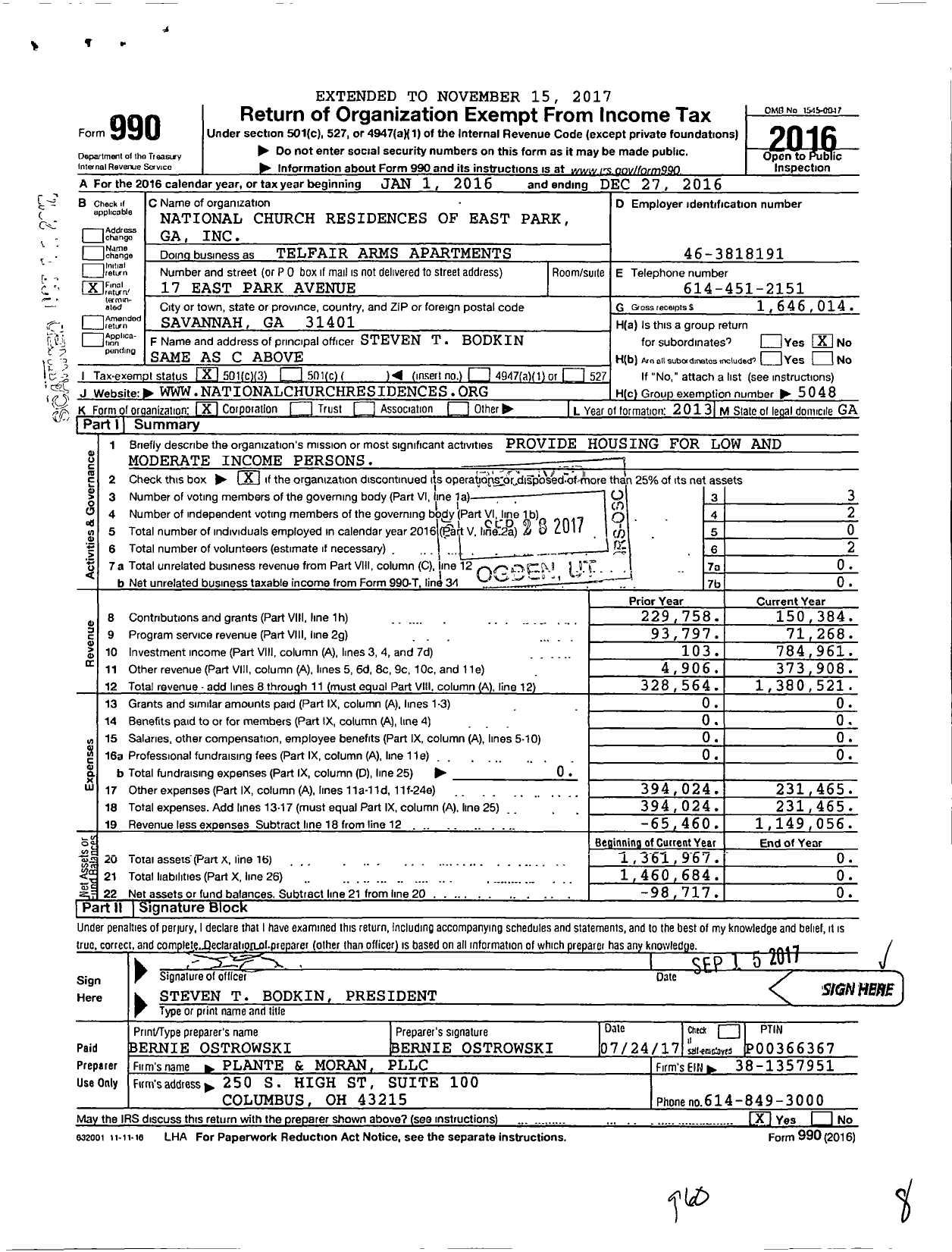 Image of first page of 2016 Form 990 for National Church Residences of East Park Ga