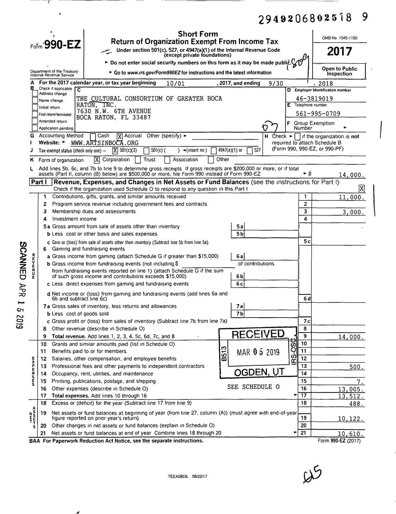 Image of first page of 2017 Form 990EZ for Cultural Consortium of Greater Boca Raton