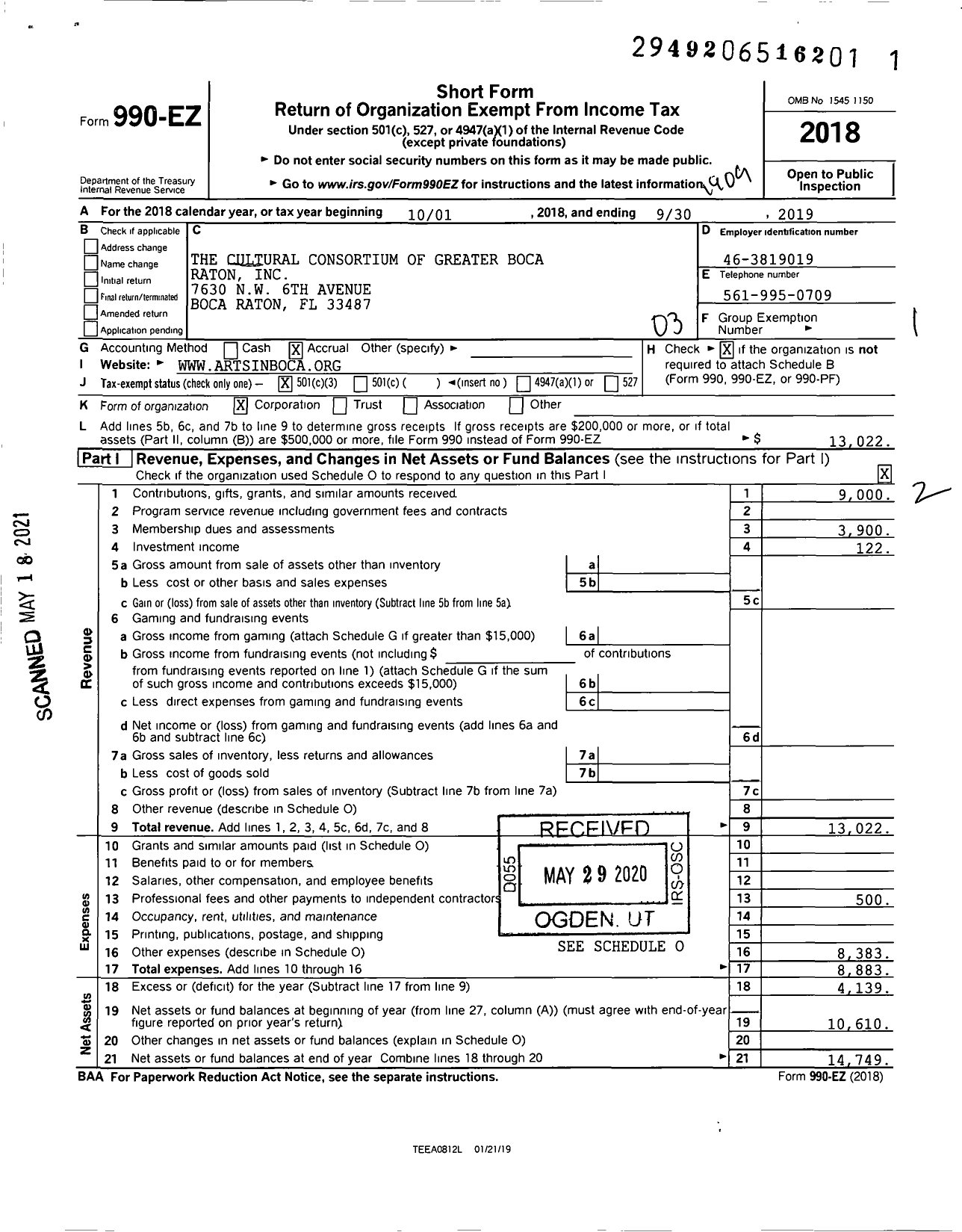 Image of first page of 2018 Form 990EZ for Cultural Consortium of Greater Boca Raton