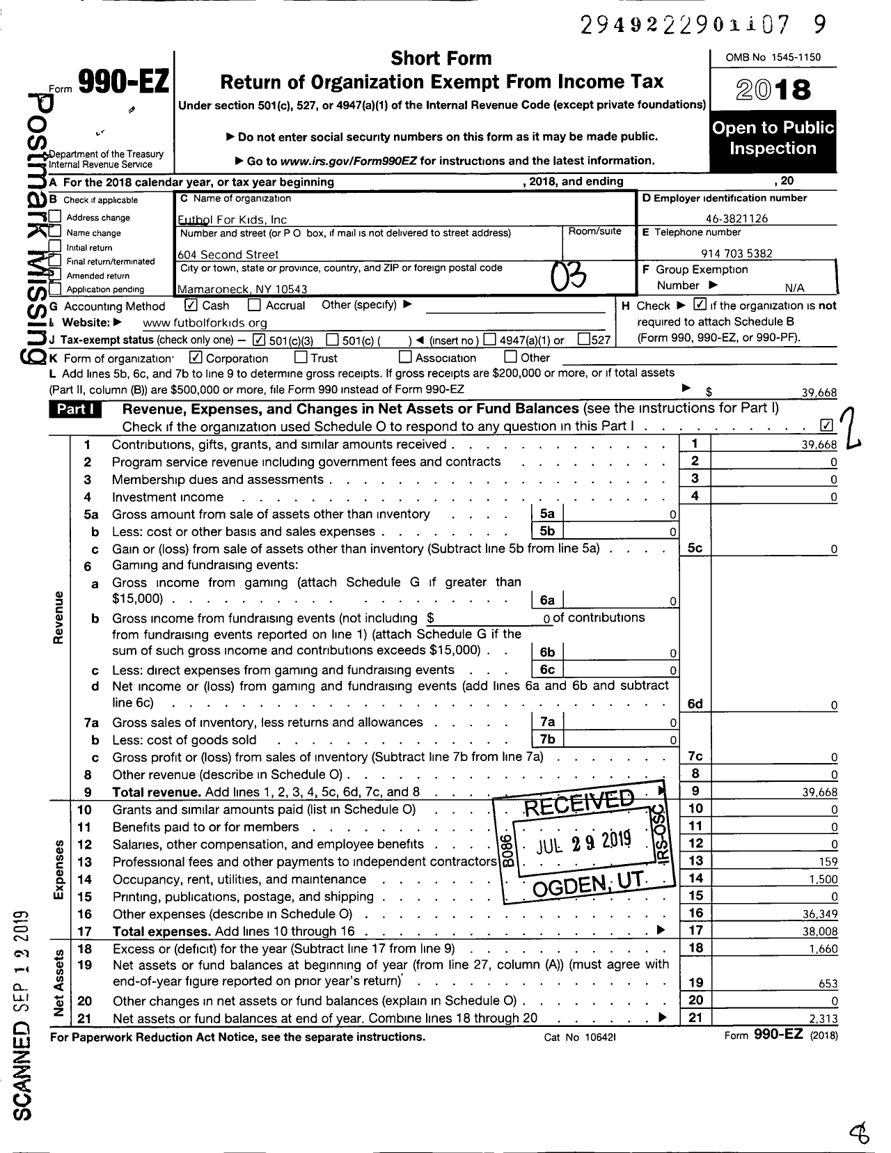 Image of first page of 2018 Form 990EZ for Futbol for Kids