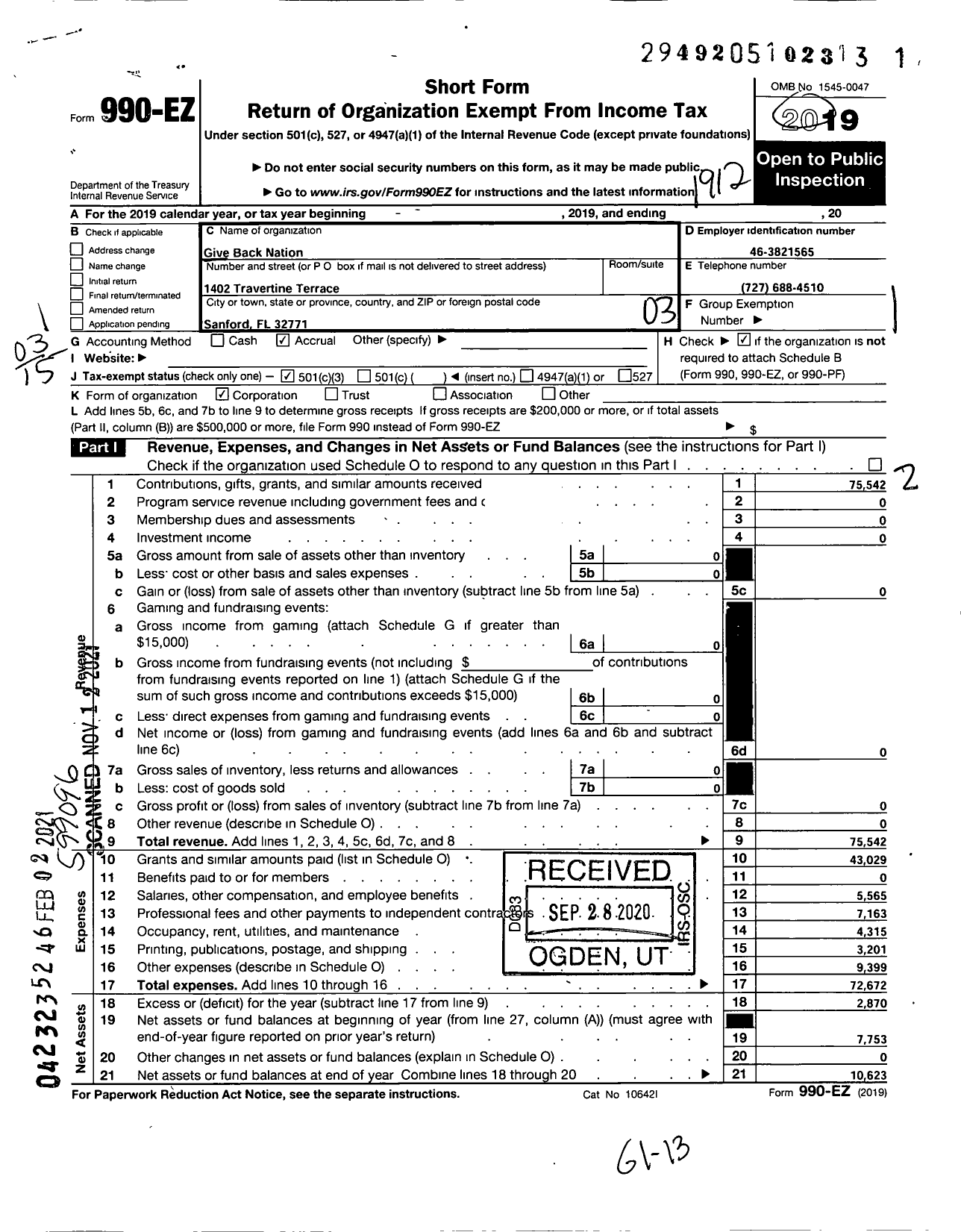 Image of first page of 2019 Form 990EZ for Give Back Nation