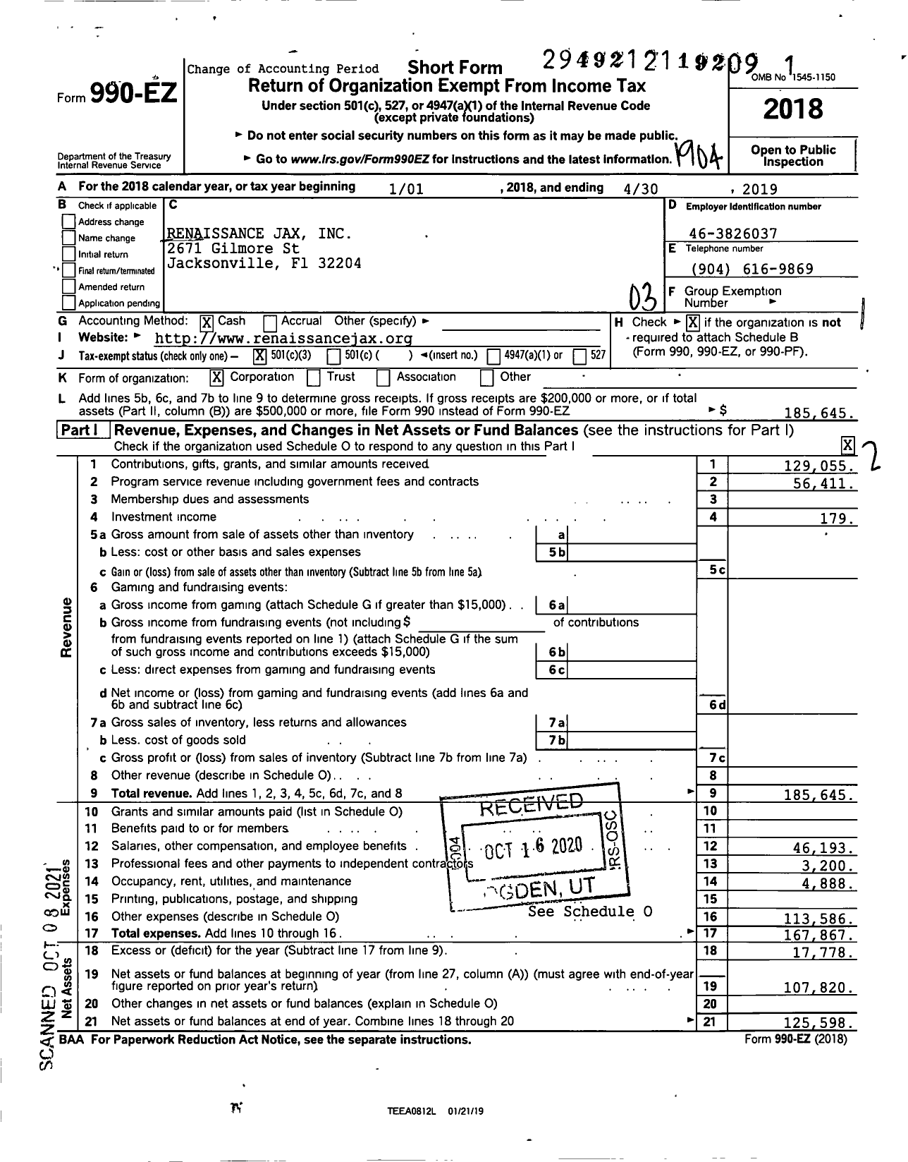 Image of first page of 2018 Form 990EZ for Renaissance Jax