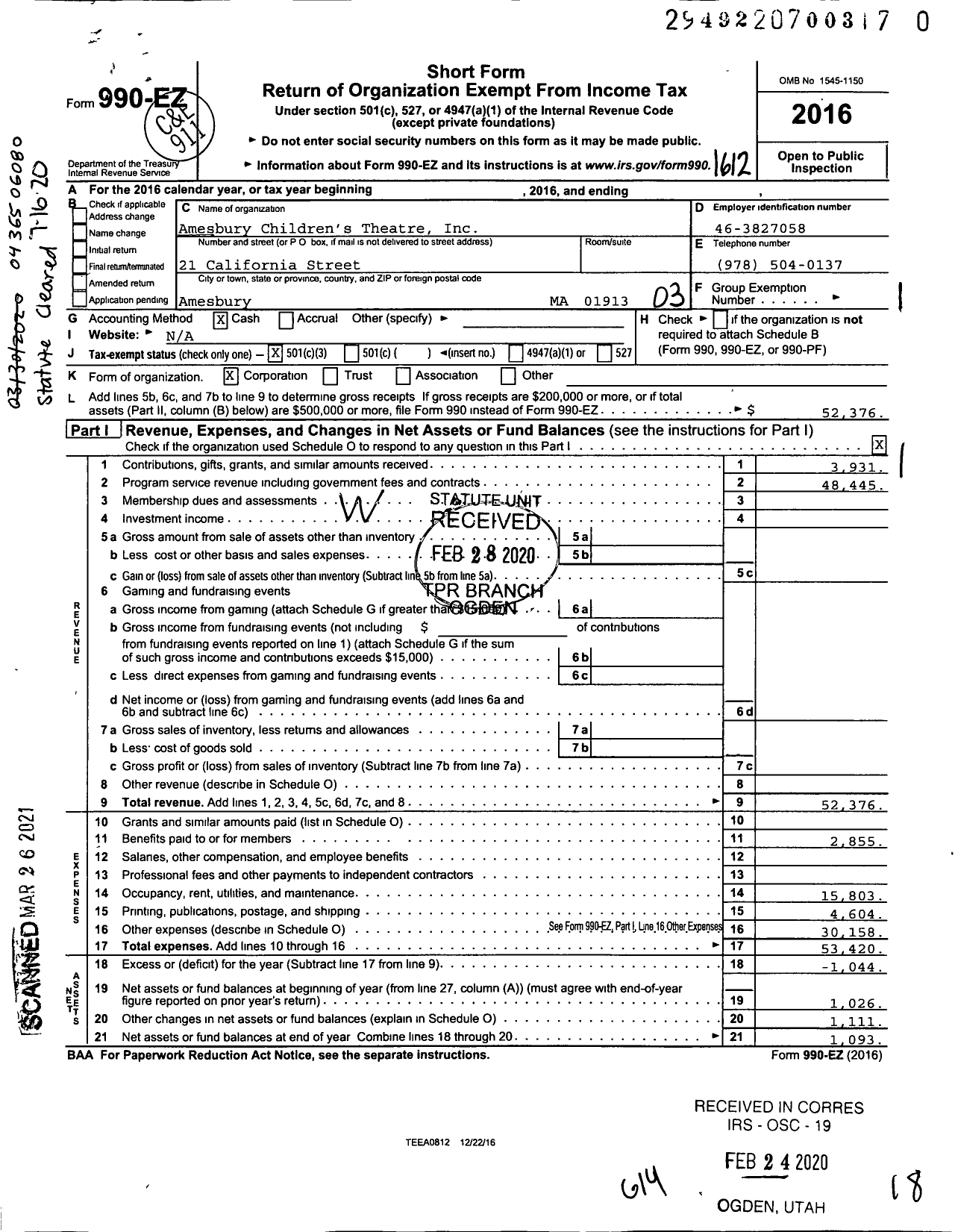 Image of first page of 2016 Form 990EZ for Amesbury Community TheatreInc (ACT)