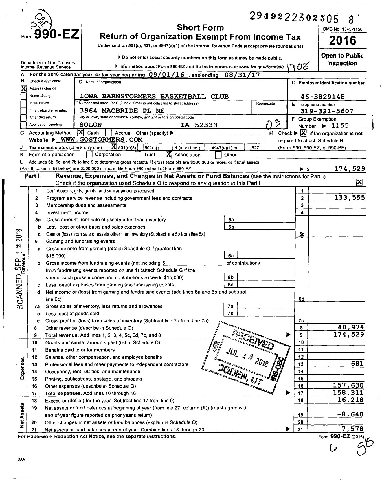 Image of first page of 2016 Form 990EZ for Amateur Athletic Union - Iowa Barnstormers Basketball Club