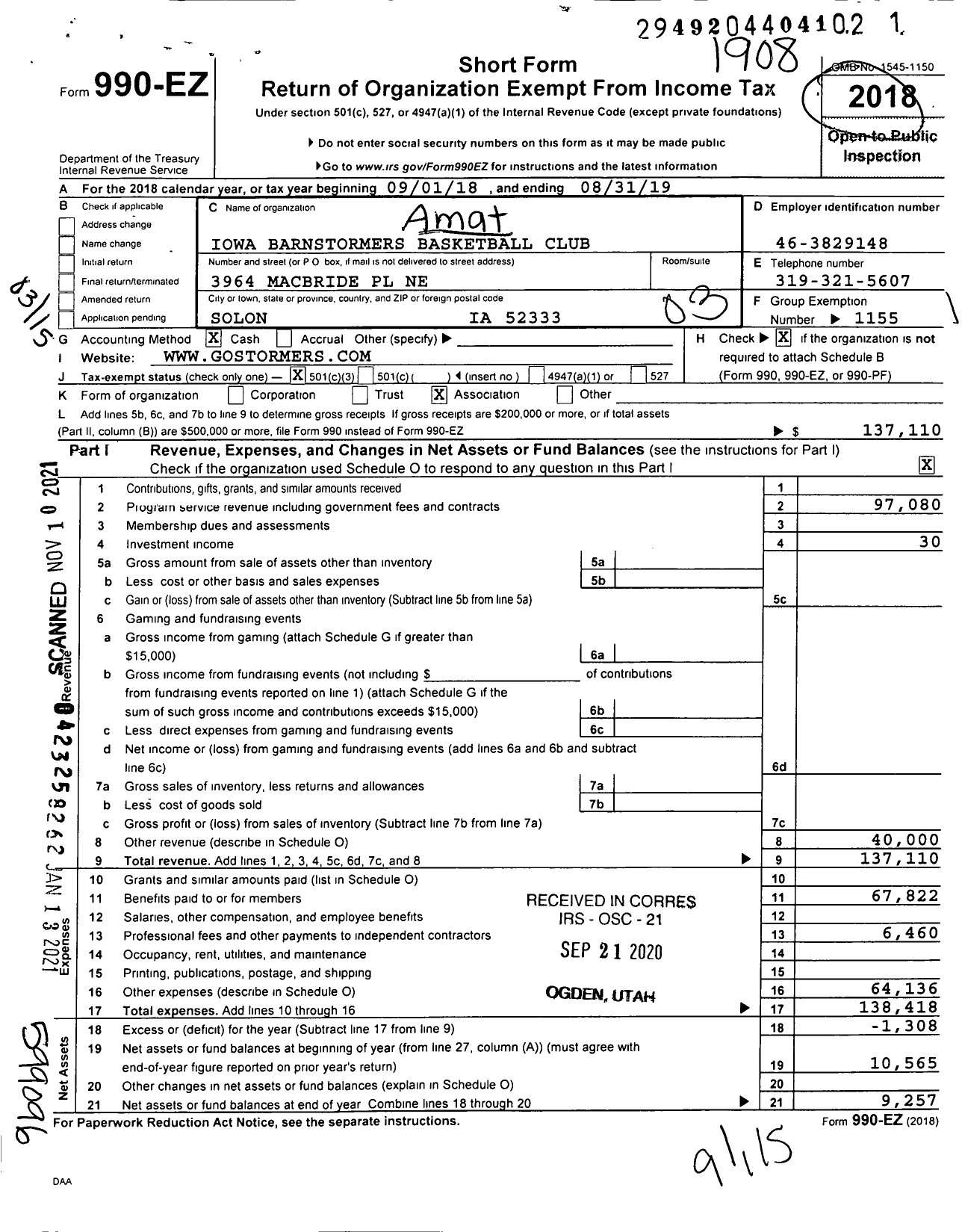 Image of first page of 2018 Form 990EZ for Amateur Athletic Union - Iowa Barnstormers Basketball Club