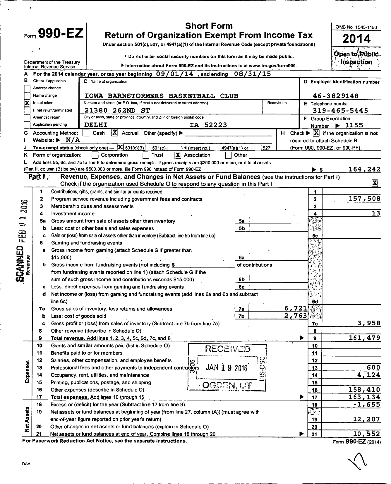 Image of first page of 2014 Form 990EZ for Amateur Athletic Union - Iowa Barnstormers Basketball Club