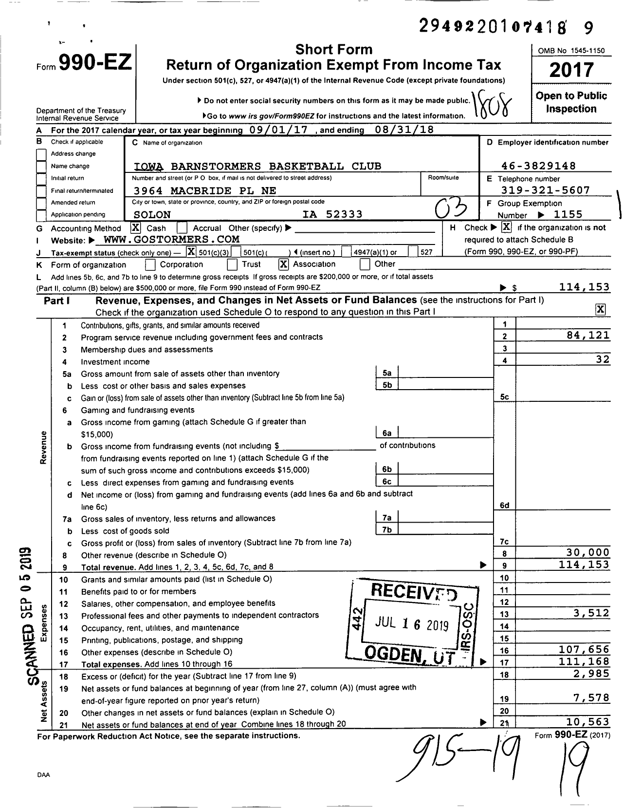 Image of first page of 2017 Form 990EZ for Amateur Athletic Union - Iowa Barnstormers Basketball Club