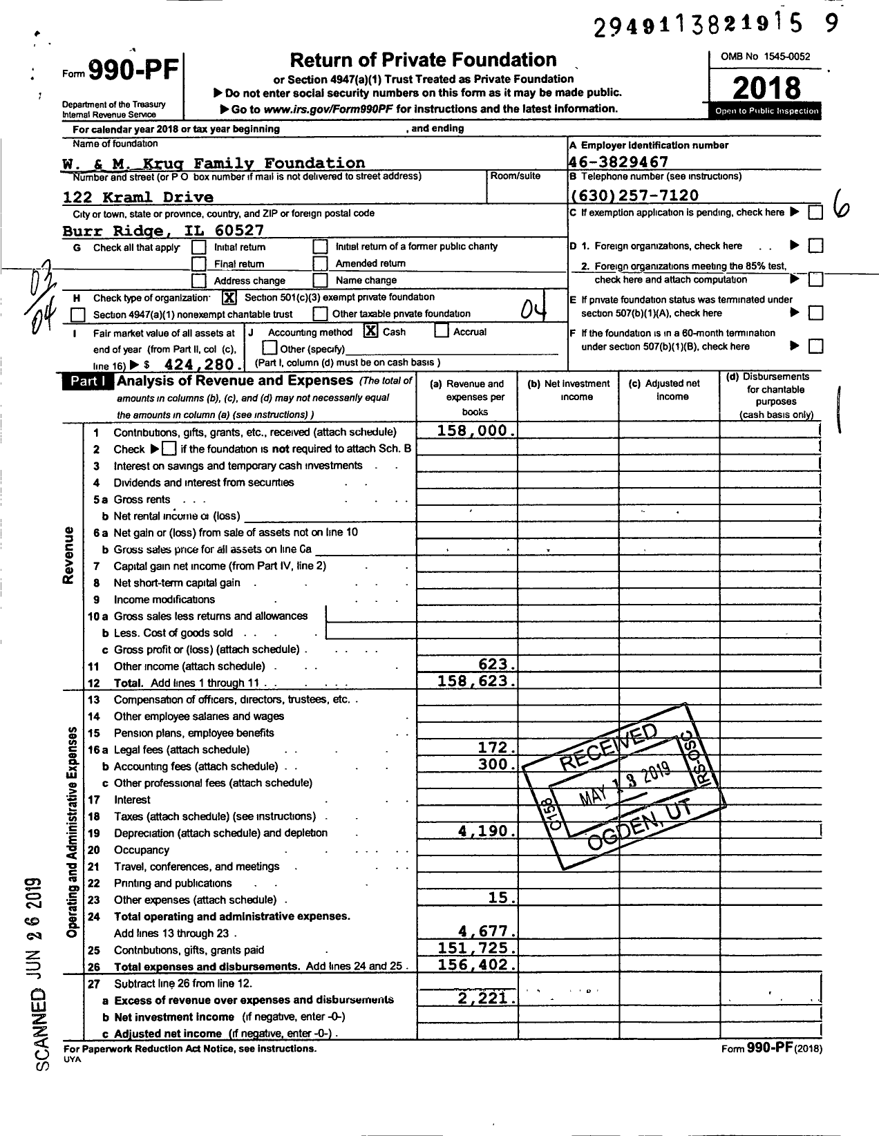 Image of first page of 2018 Form 990PF for W & M Krug Family Foundation