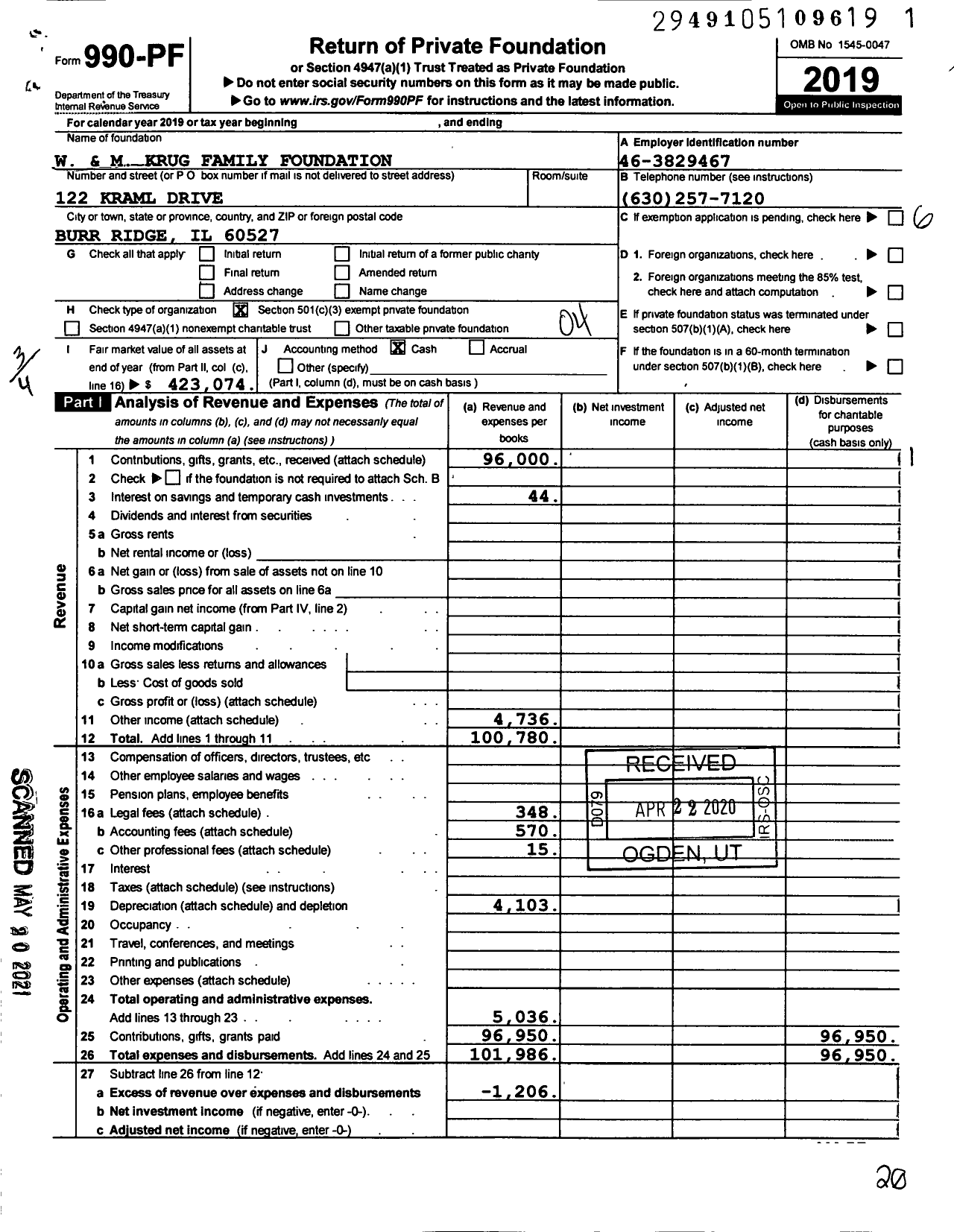 Image of first page of 2019 Form 990PF for W & M Krug Family Foundation