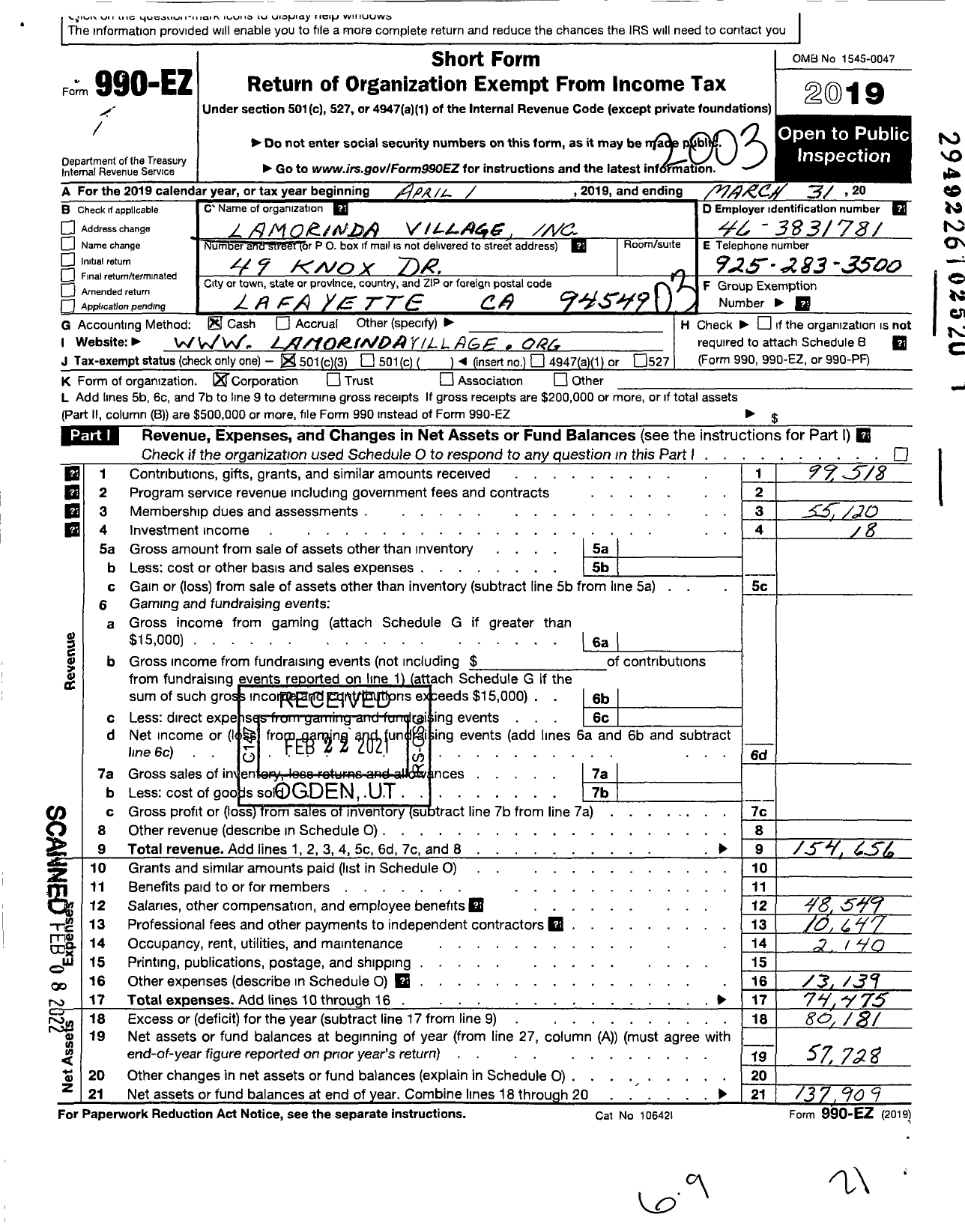 Image of first page of 2019 Form 990EZ for Lamorinda Village