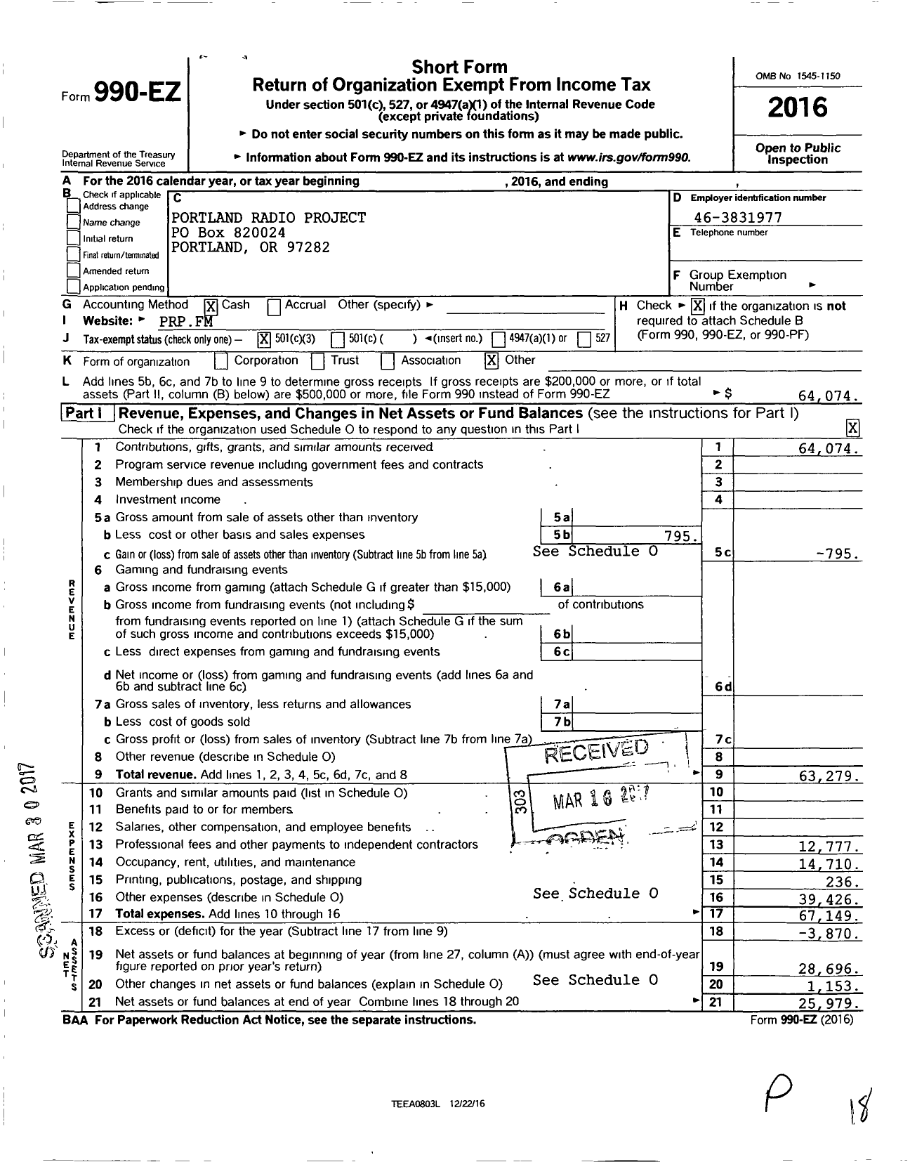 Image of first page of 2016 Form 990EZ for Portland Radio Project