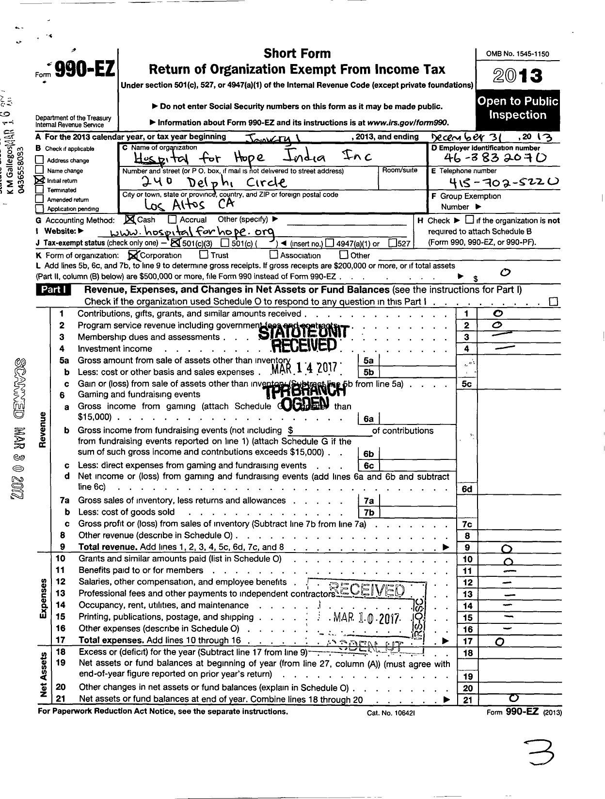 Image of first page of 2013 Form 990EZ for Hospital for Hope India