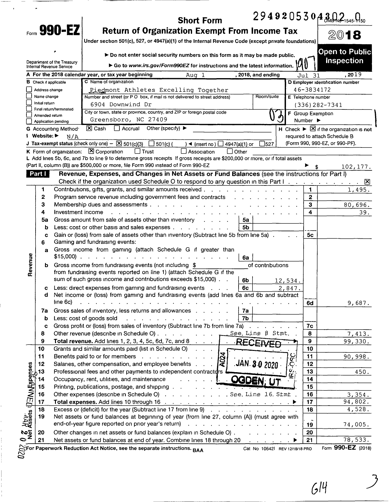 Image of first page of 2018 Form 990EZ for Piedmont Athletes Excelling Together