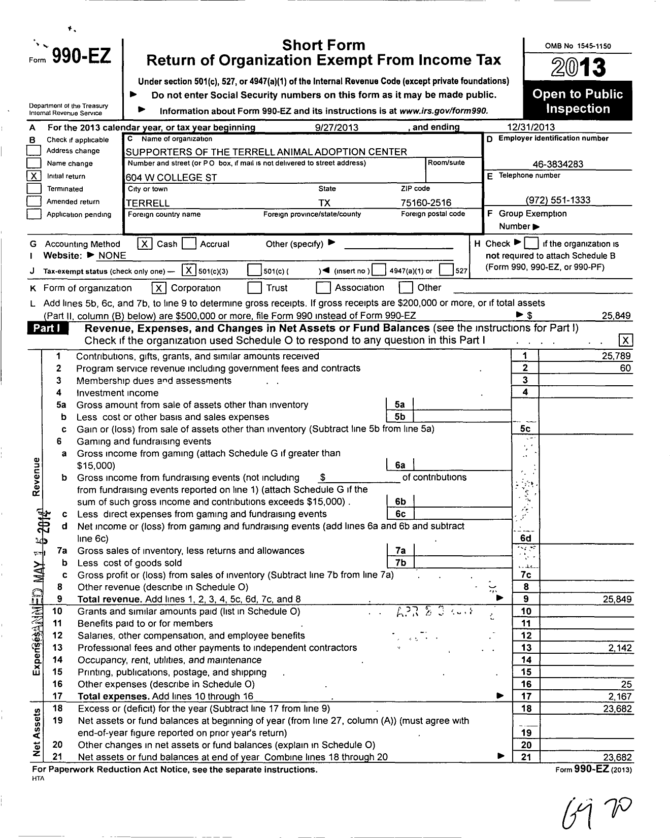 Image of first page of 2013 Form 990EZ for Supporters of the Terrell Animal Adoption Center