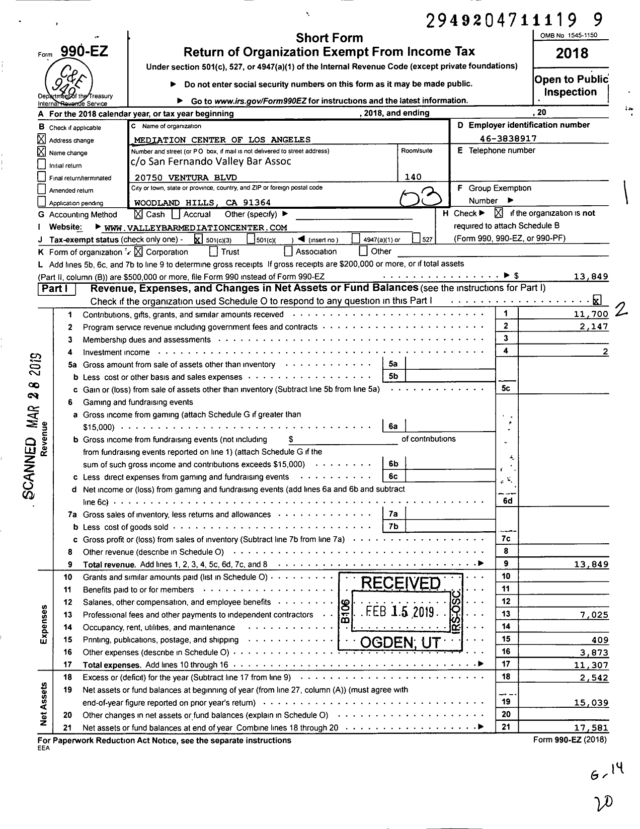 Image of first page of 2018 Form 990EZ for Mediation Center of Los Angeles