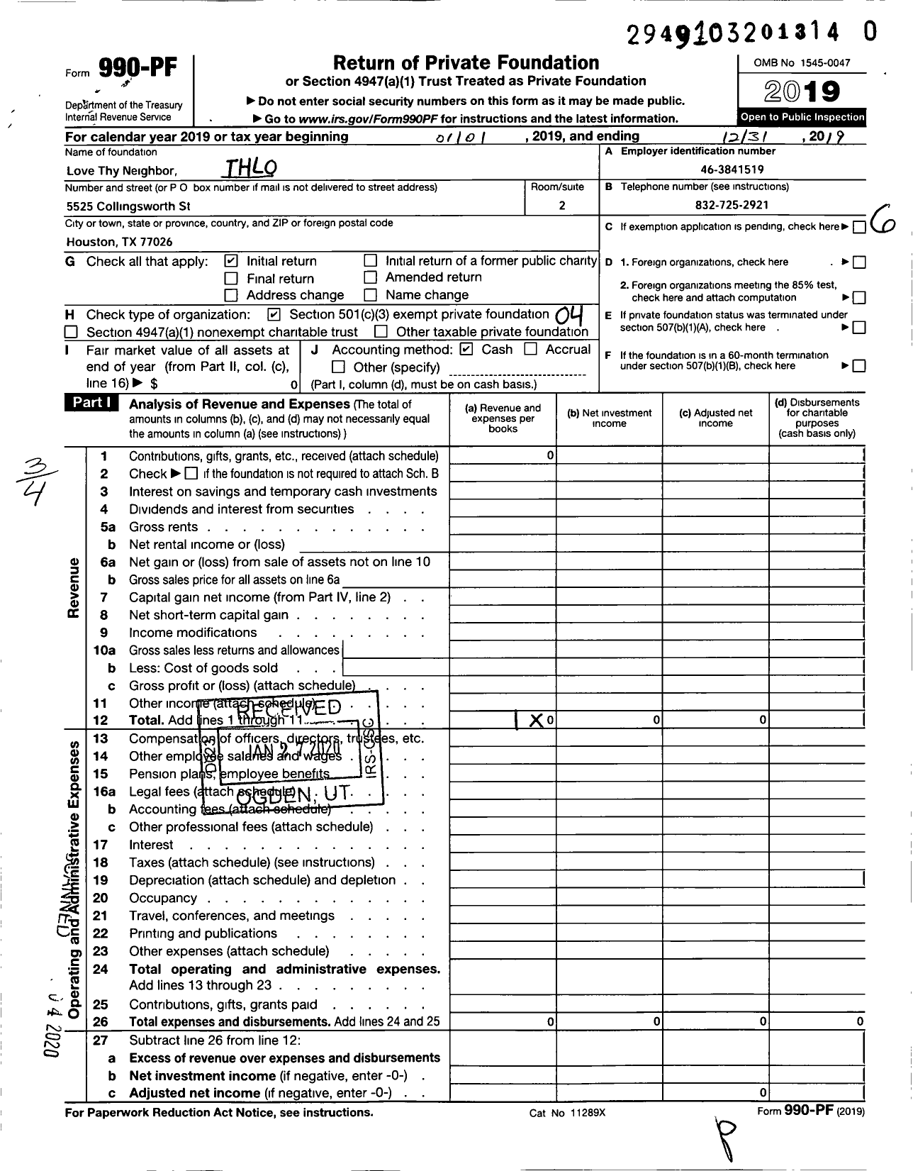 Image of first page of 2019 Form 990PR for TH Love Thy Neighbor