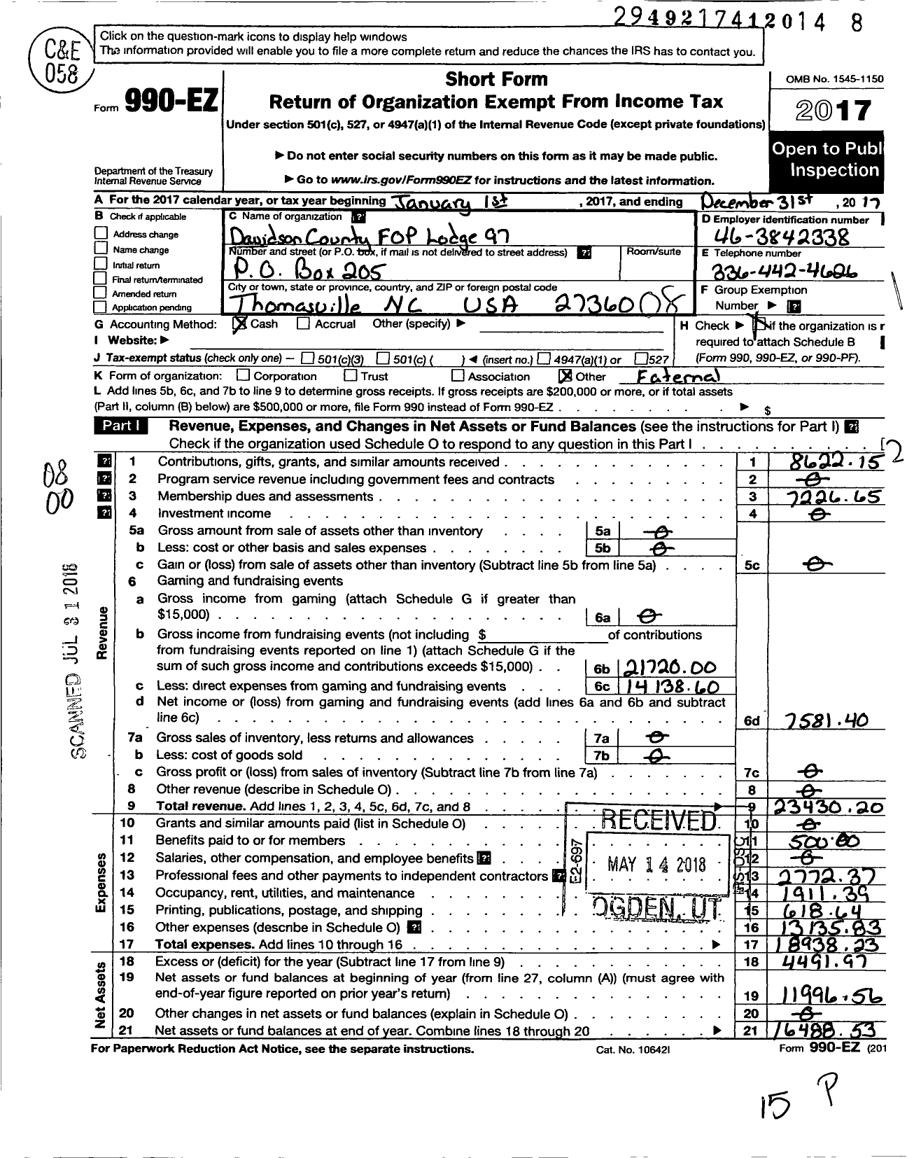 Image of first page of 2017 Form 990EO for Fraternal Order of Police - Davidson County Fop Lodge 97