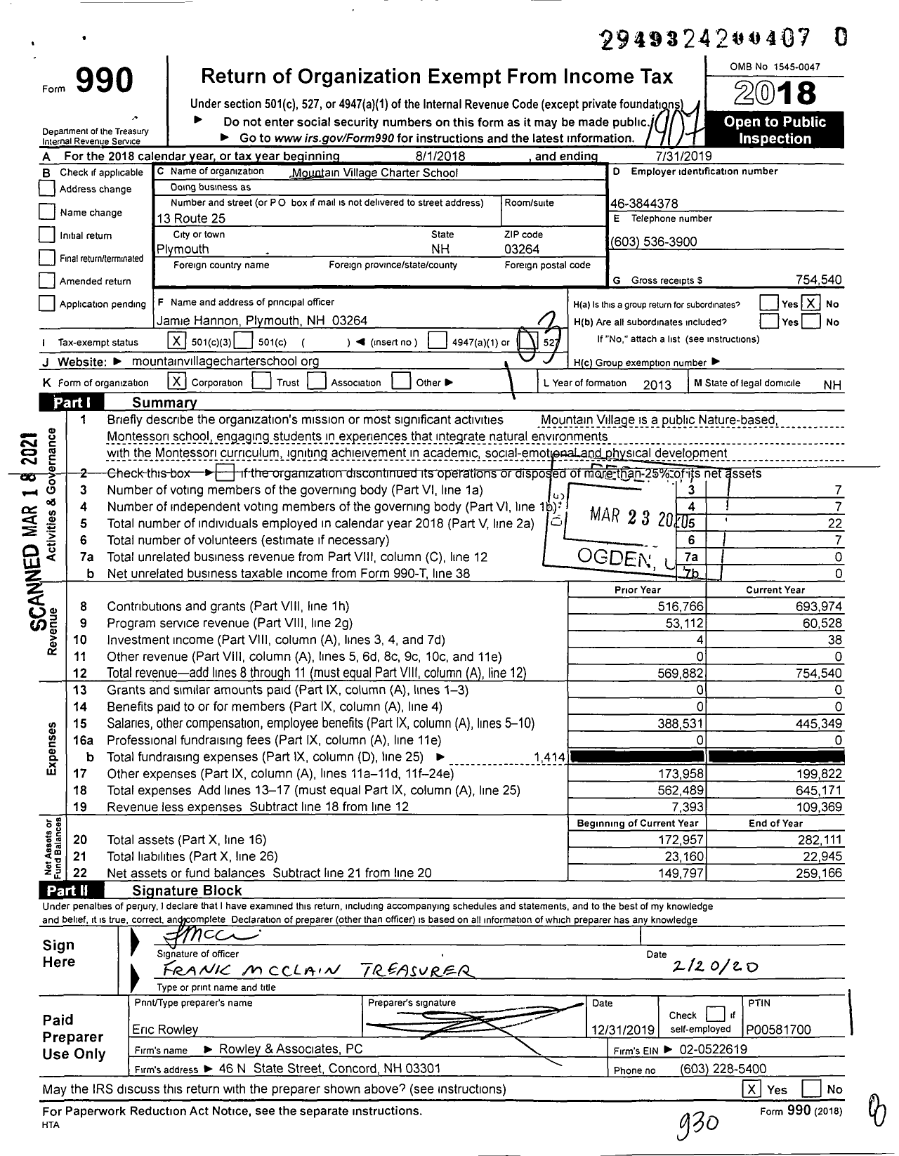 Image of first page of 2018 Form 990 for Mountain Village Charter School