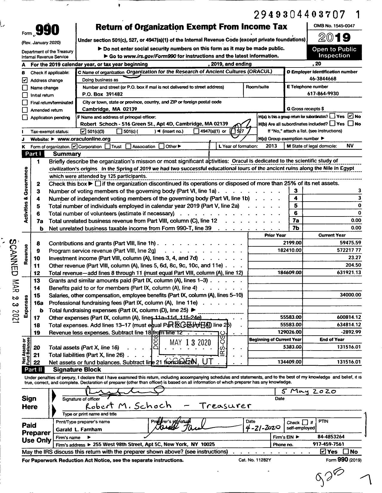 Image of first page of 2019 Form 990 for Organization For The Research Of Ancient Cultures