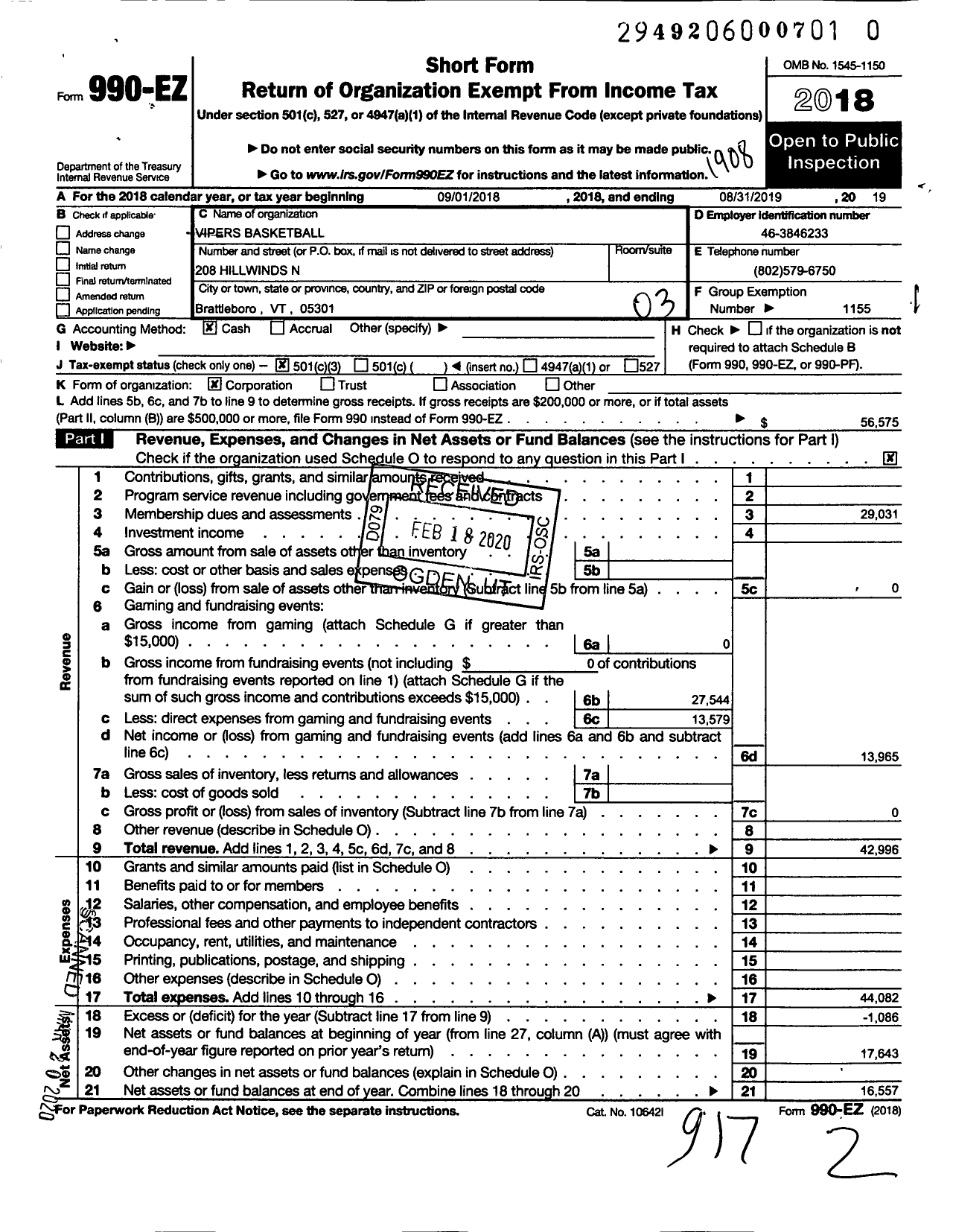 Image of first page of 2018 Form 990EZ for Amateur Athletic Union - Vipers Basketball