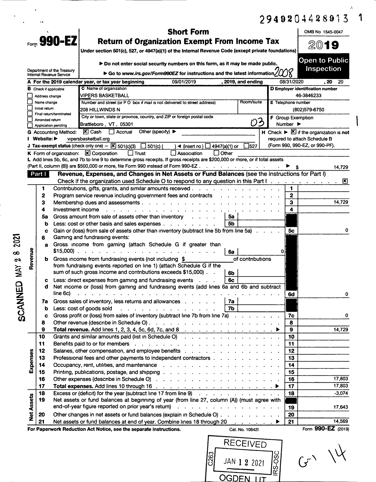 Image of first page of 2019 Form 990EZ for Amateur Athletic Union - Vipers Basketball